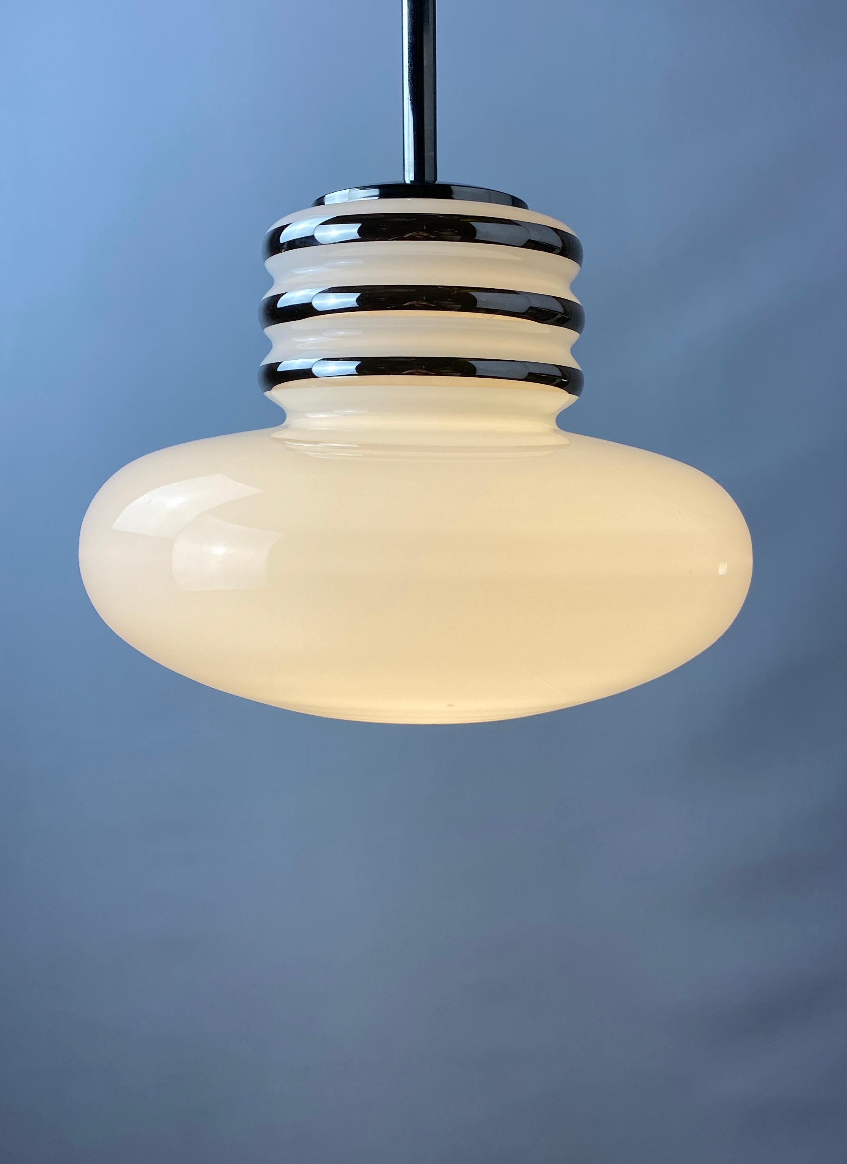 Mid-20th Century Mid-century white glass and chrome pendant lamp by Leclaire & Schäfer 1970 For Sale