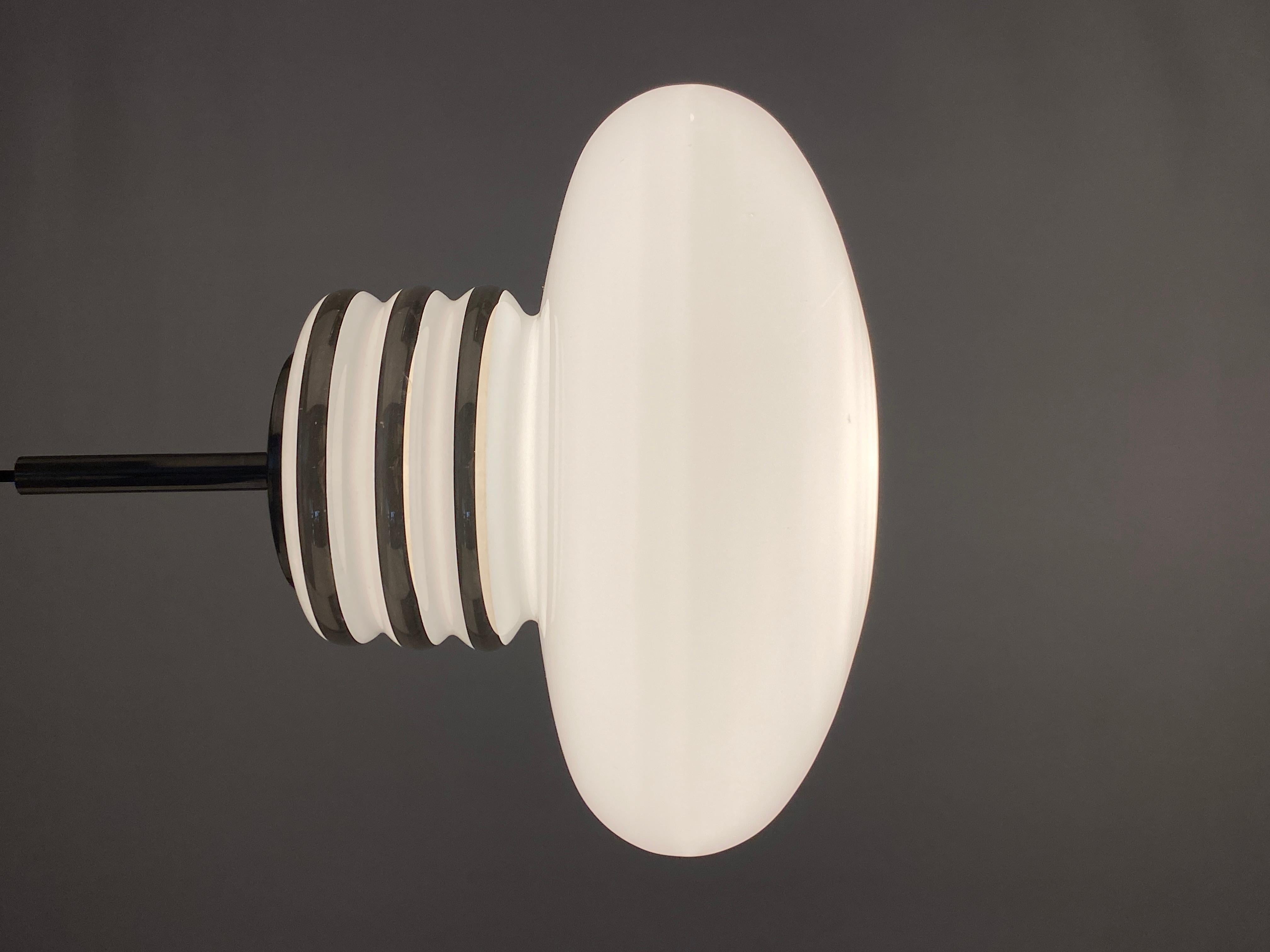 Chrome Mid-century white glass and chrome pendant lamp by Leclaire & Schäfer 1970 For Sale