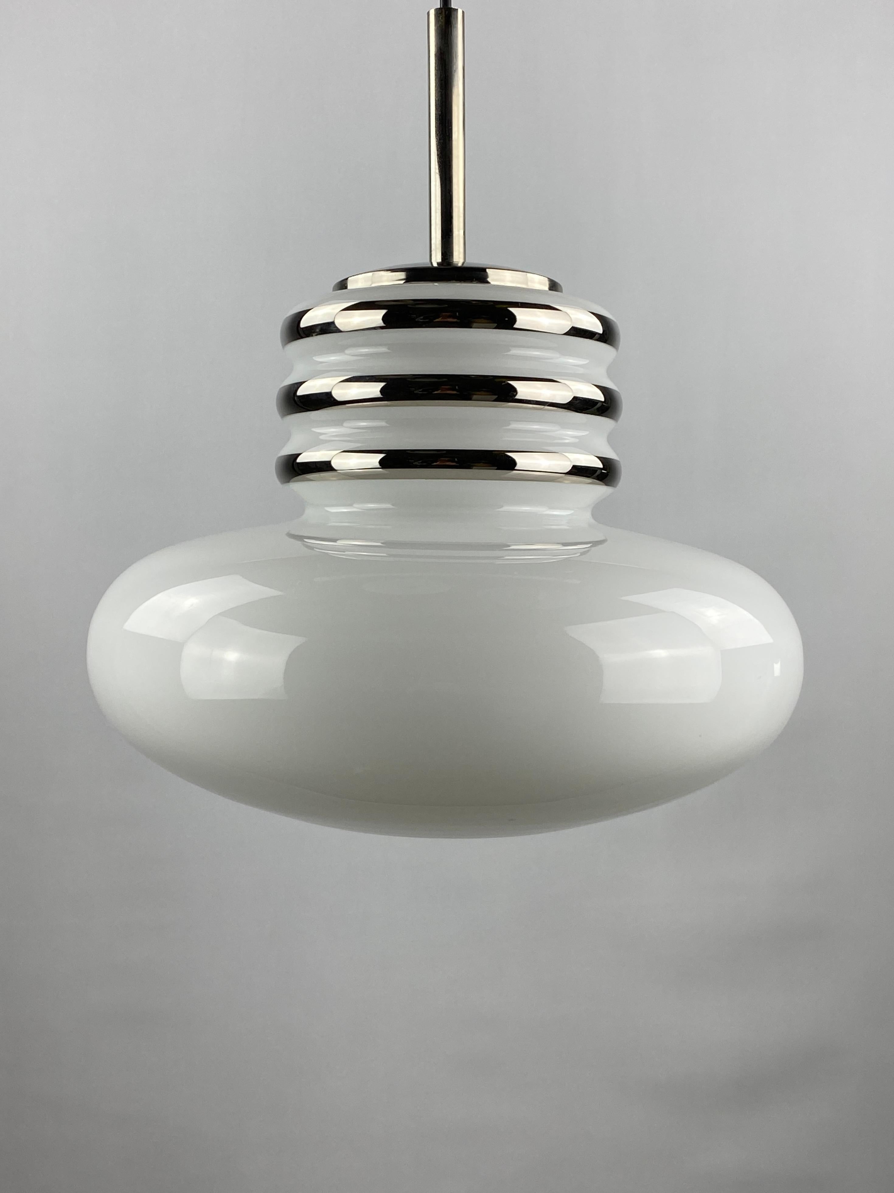 Mid-century white glass and chrome pendant lamp by Leclaire & Schäfer 1970 For Sale 2