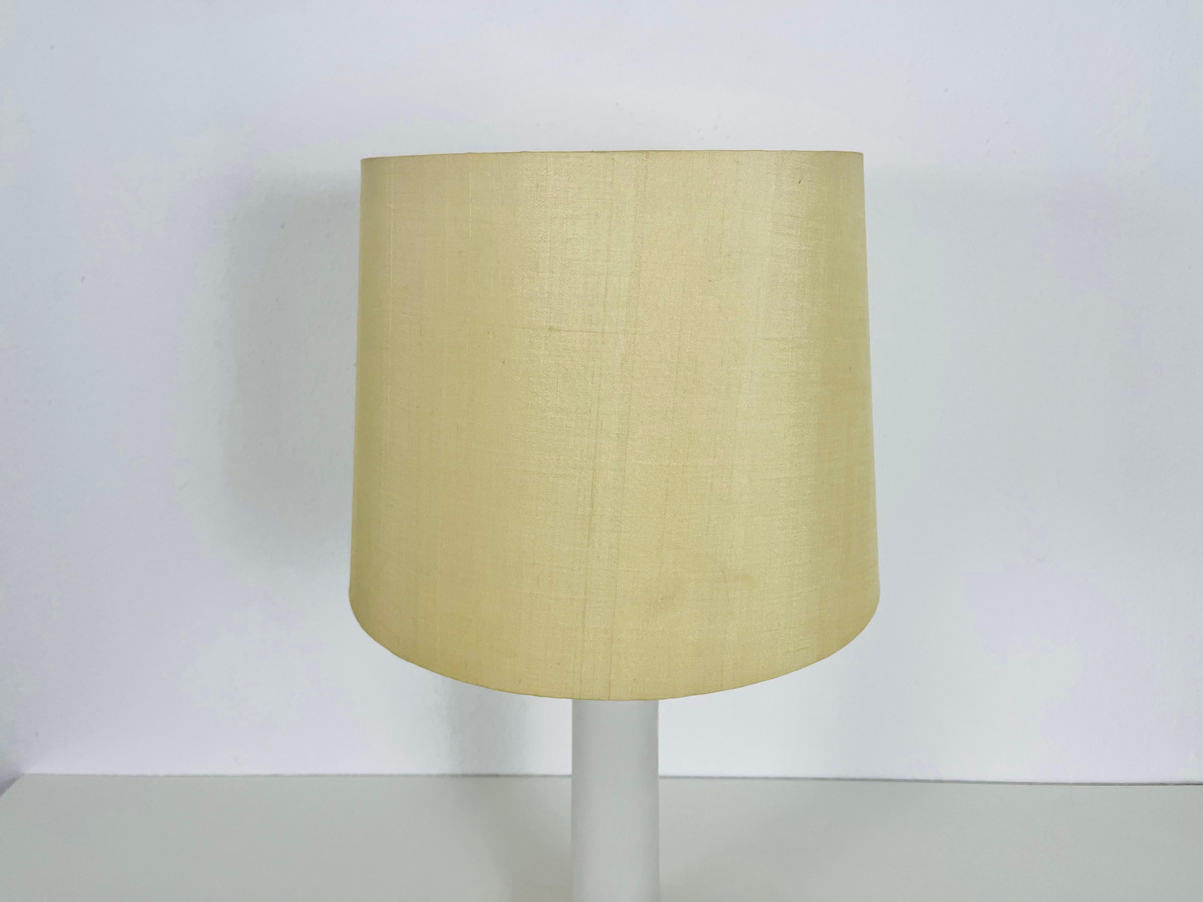 Swedish Mid Century White Glass and Fabric Shade Table Lamp by Luxus Sweden, 1960s For Sale