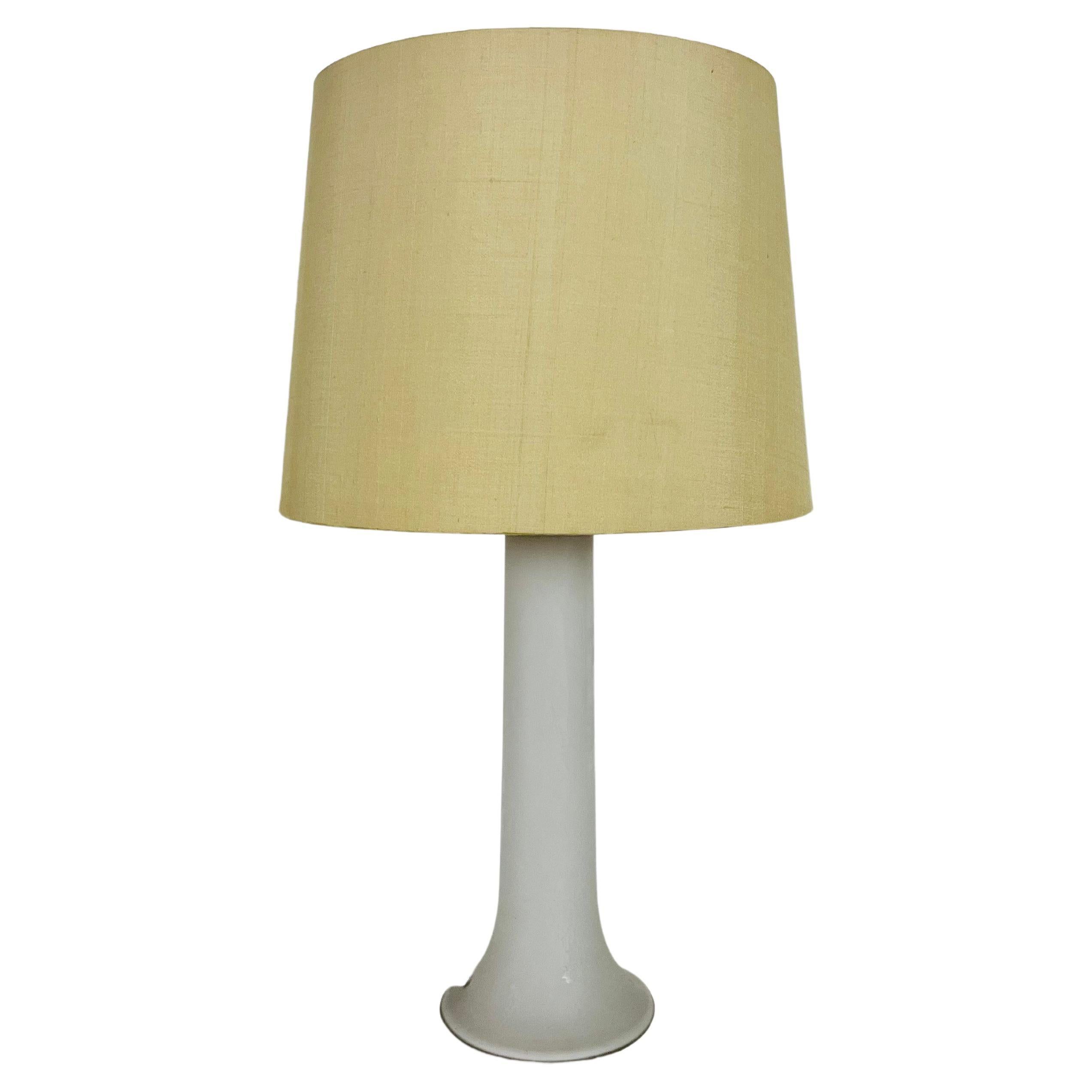 Mid Century White Glass and Fabric Shade Table Lamp by Luxus Sweden, 1960s For Sale