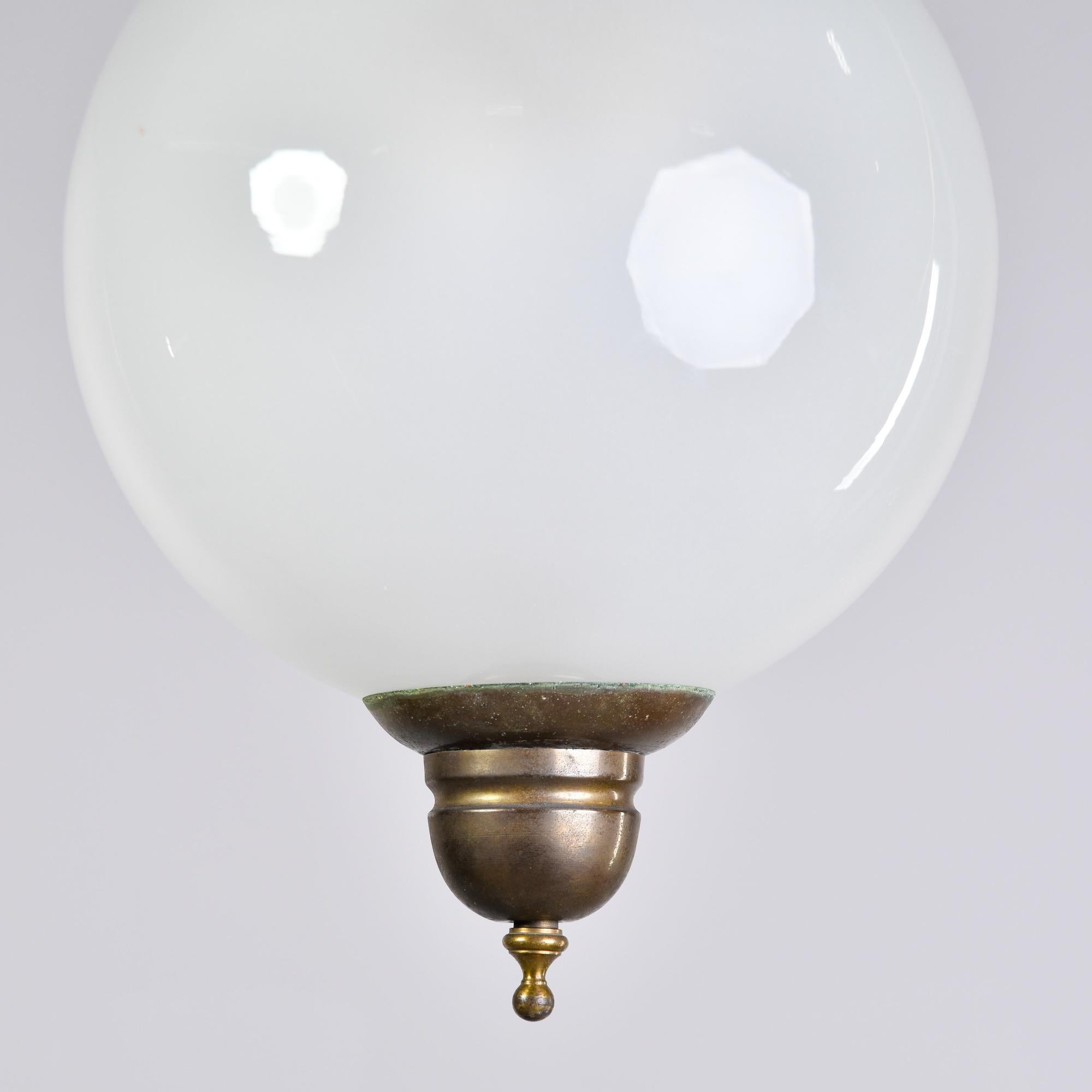 Italian Midcentury White Glass Globe Fixture with Bronze Fitting For Sale