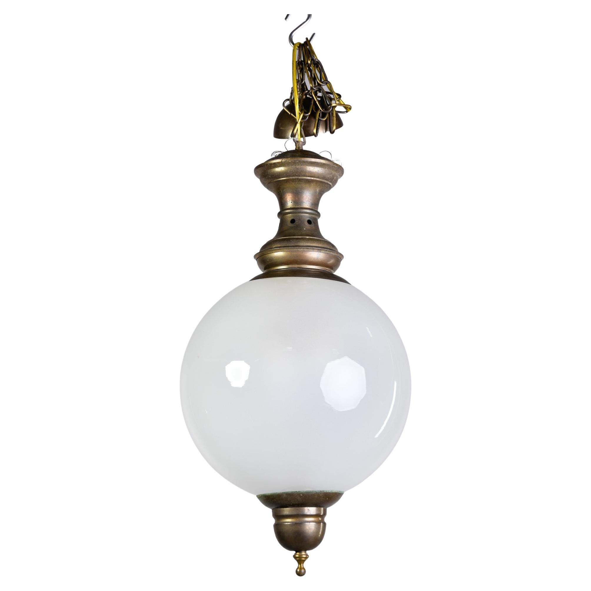 Midcentury White Glass Globe Fixture with Bronze Fitting For Sale