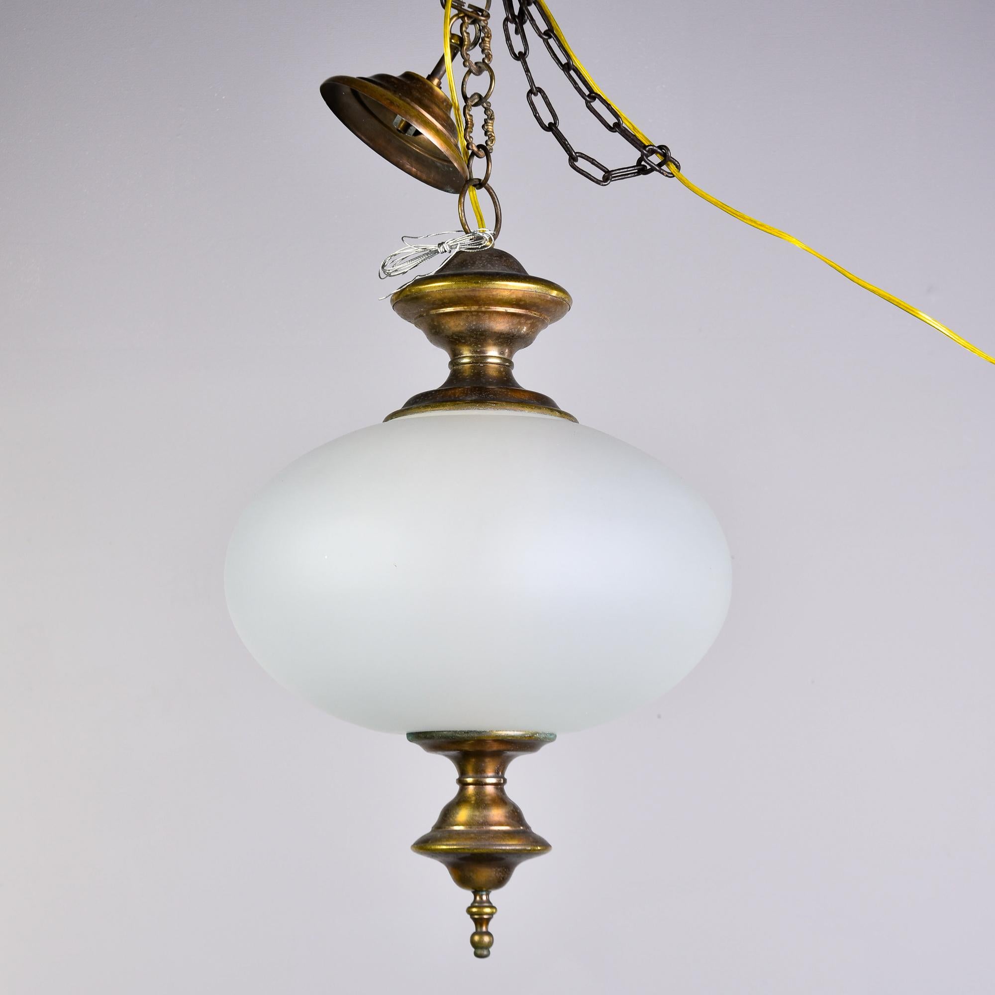 Mid-Century Modern Midcentury White Glass Pendant Fixture with Bronze Fittings For Sale