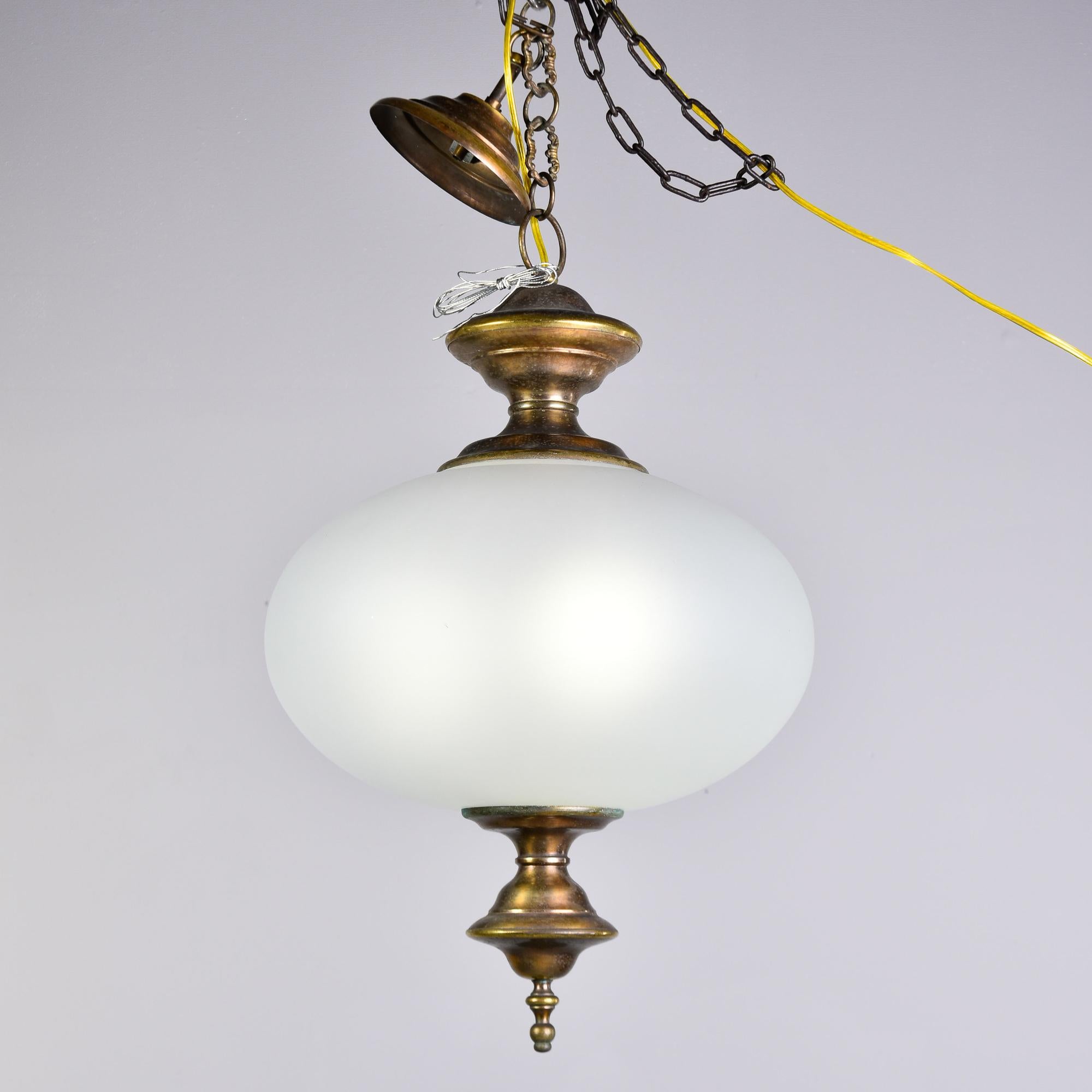 20th Century Midcentury White Glass Pendant Fixture with Bronze Fittings For Sale