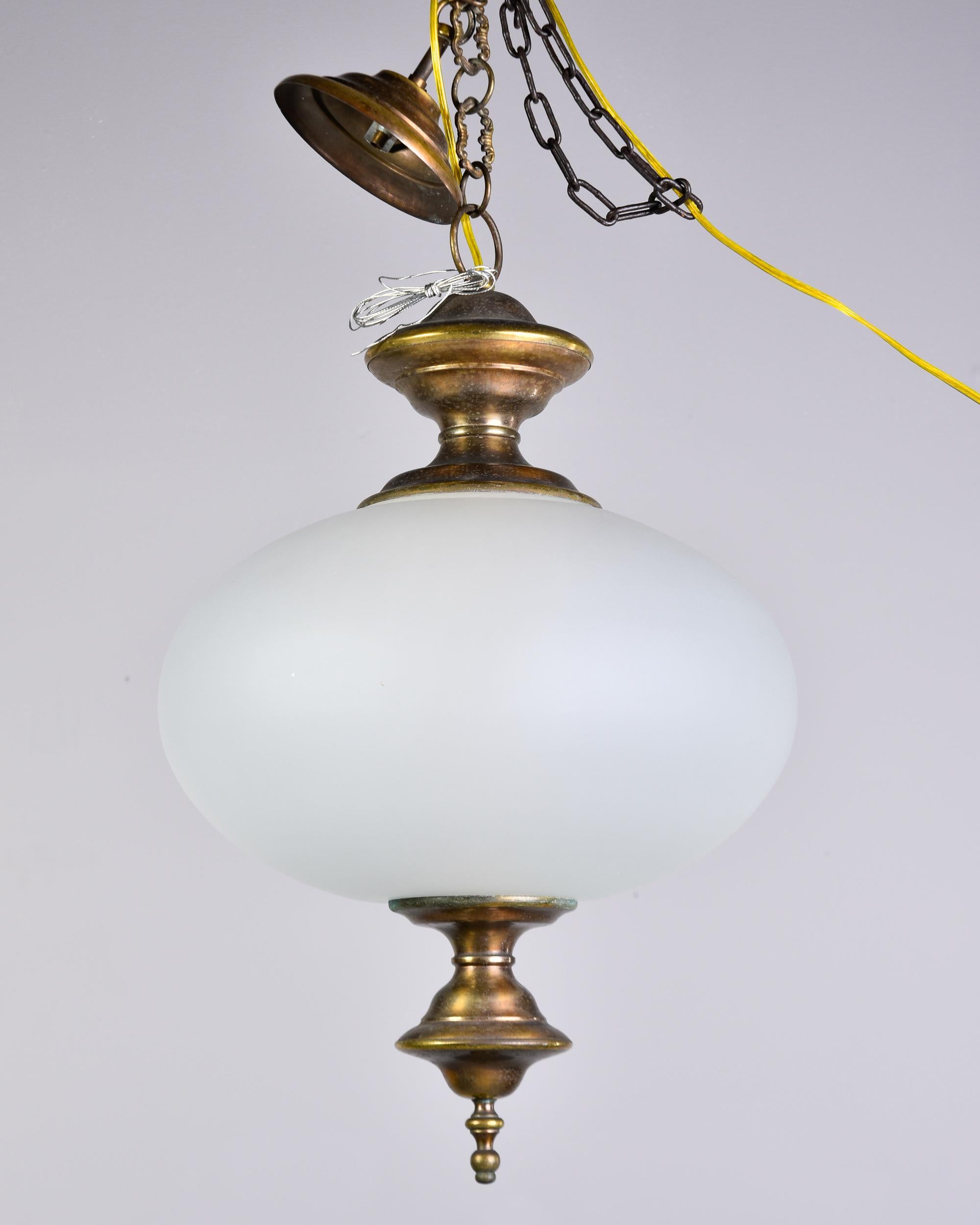 Midcentury White Glass Pendant Fixture with Bronze Fittings For Sale 1