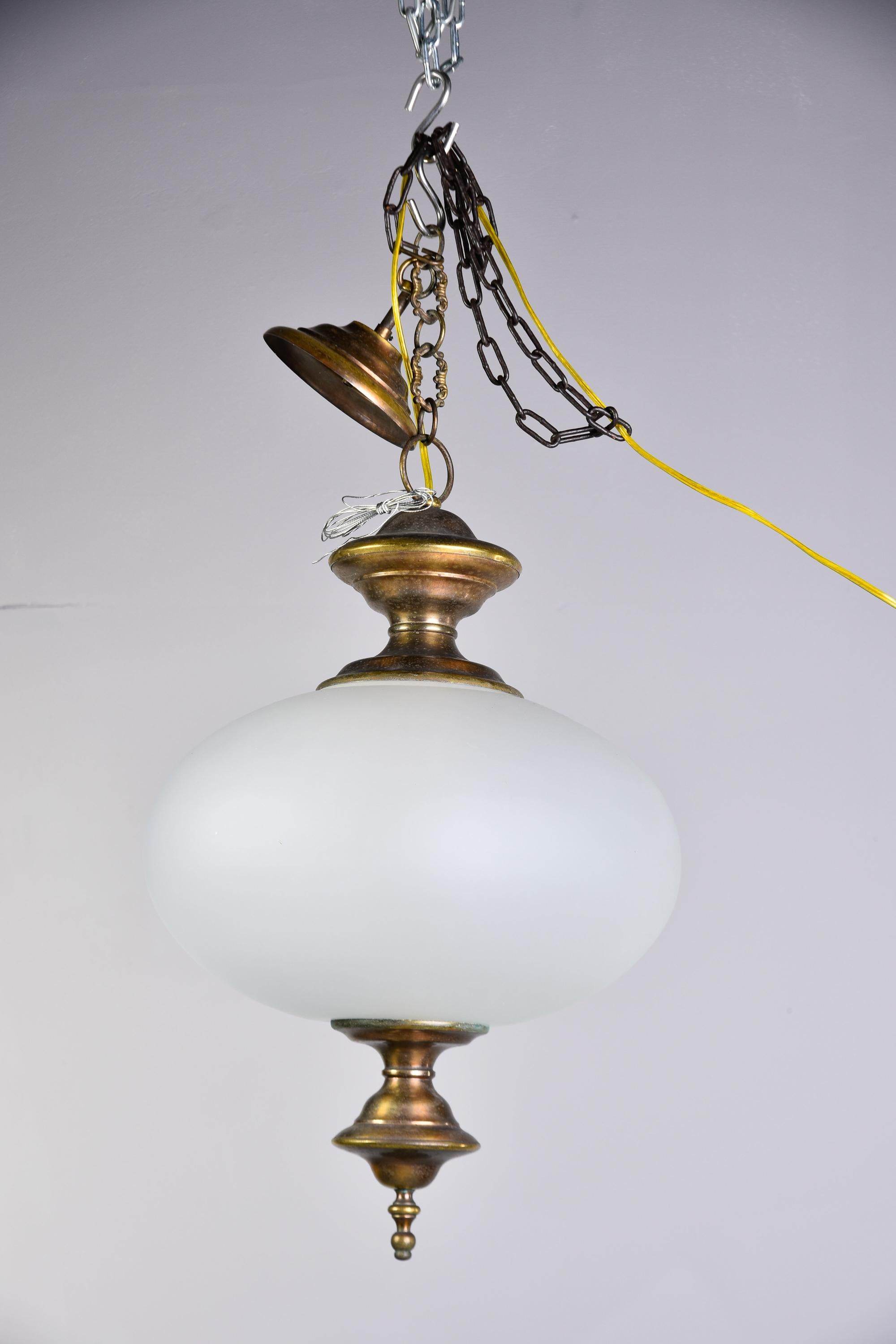 Midcentury White Glass Pendant Fixture with Bronze Fittings For Sale 2