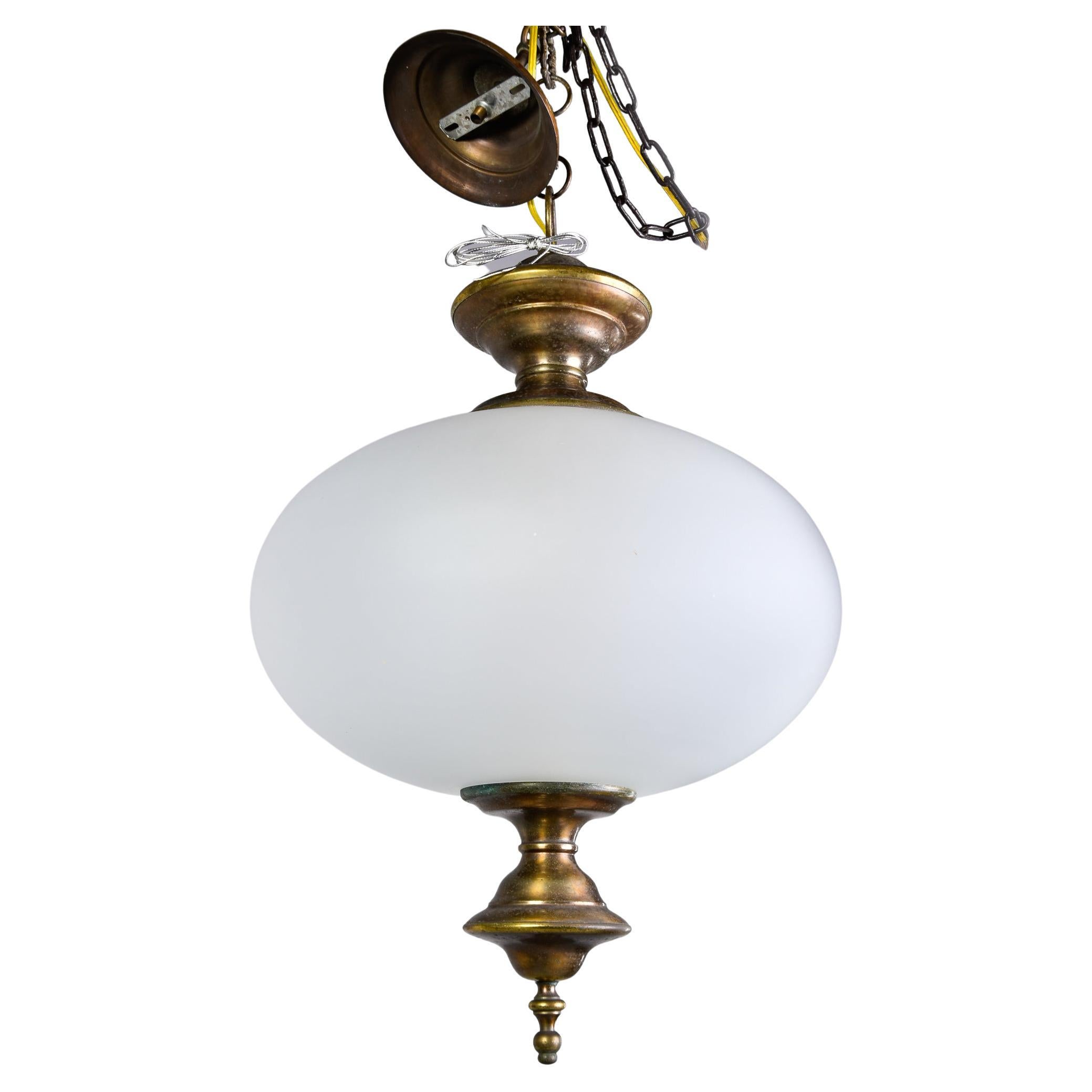 Midcentury White Glass Pendant Fixture with Bronze Fittings For Sale