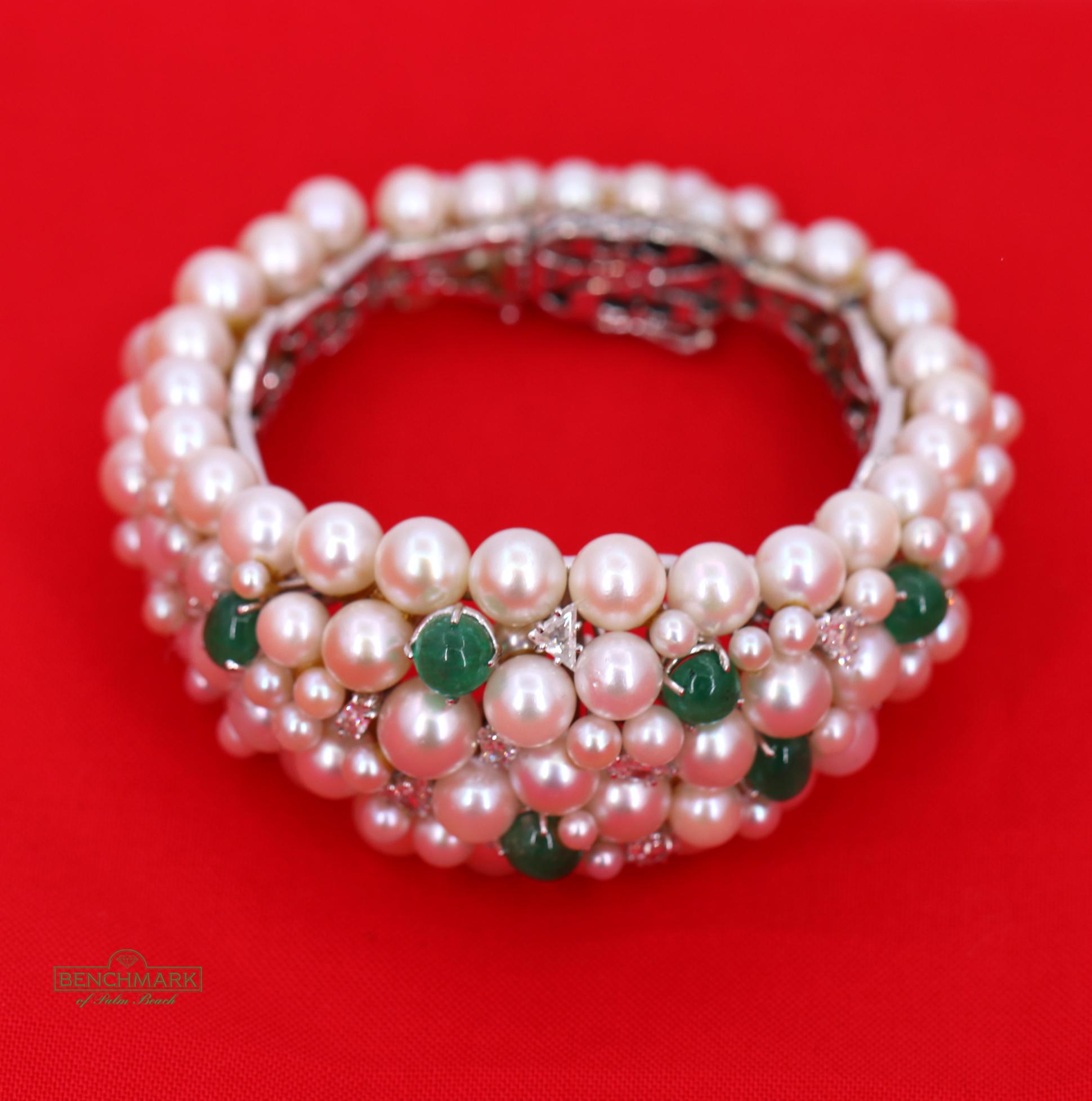 Midcentury White Gold Bracelet with Diamonds Emeralds and Pearls In Good Condition In Palm Beach, FL