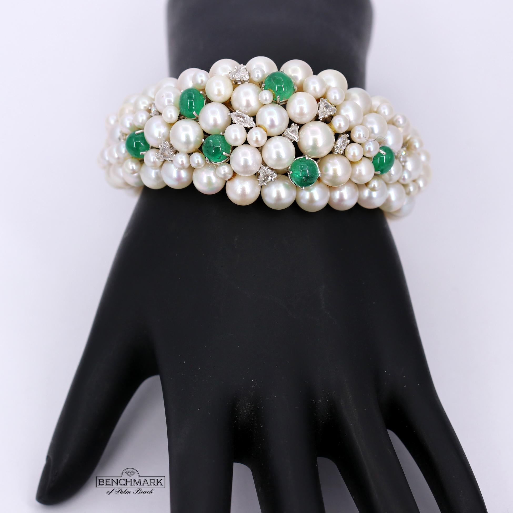 Women's Midcentury White Gold Bracelet with Diamonds Emeralds and Pearls