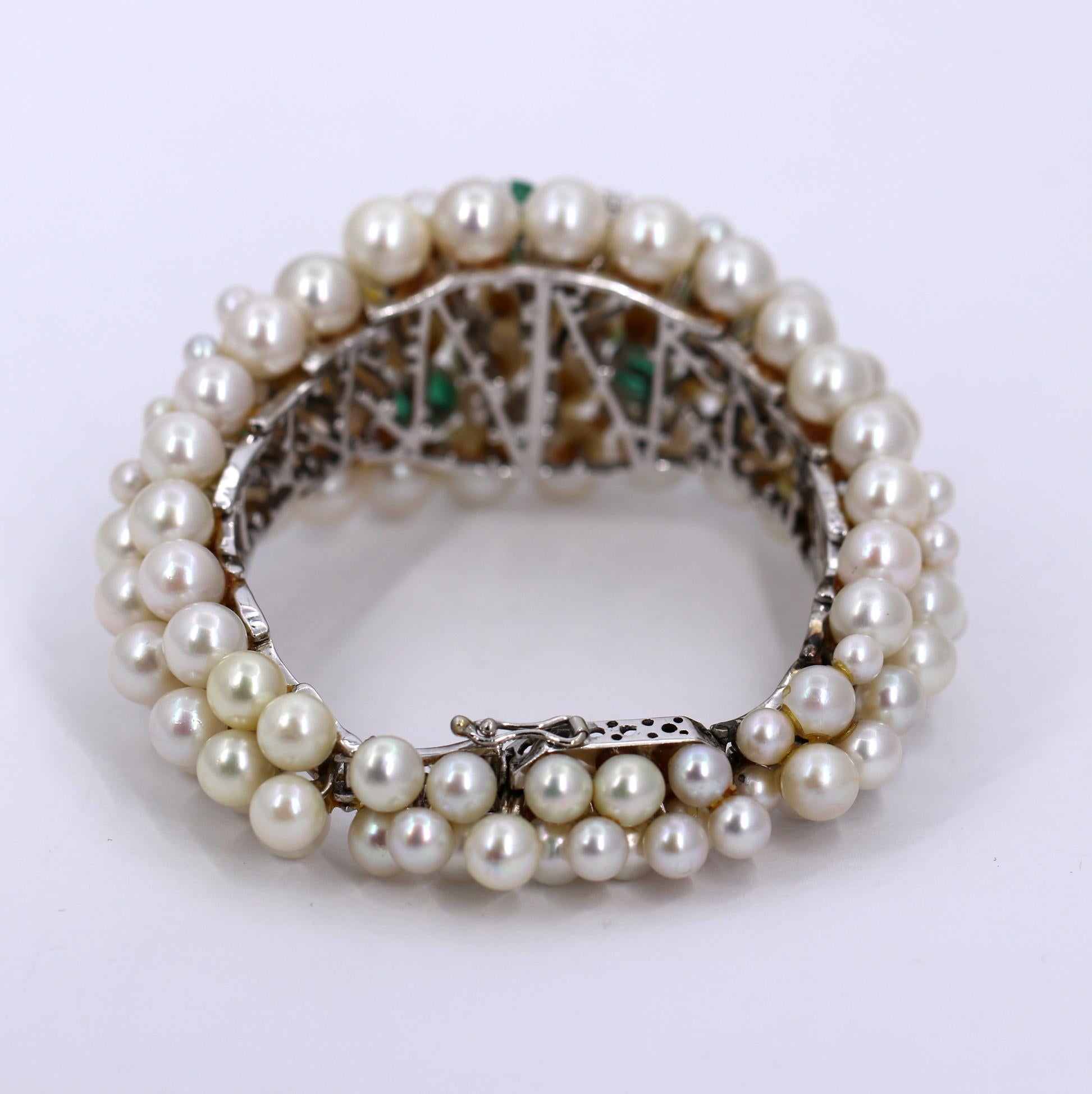 Midcentury White Gold Bracelet with Diamonds Emeralds and Pearls 1