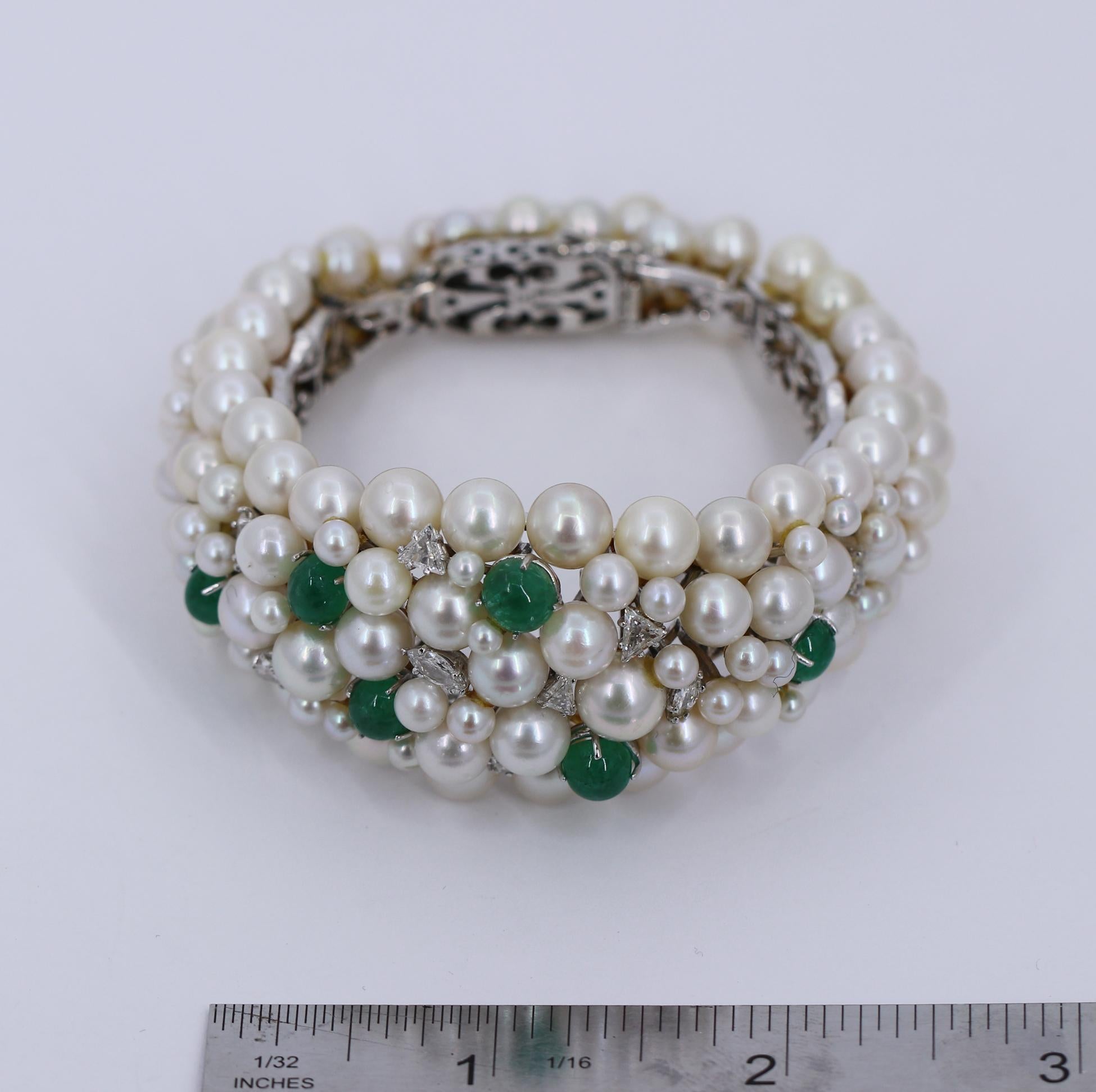 Midcentury White Gold Bracelet with Diamonds Emeralds and Pearls 2