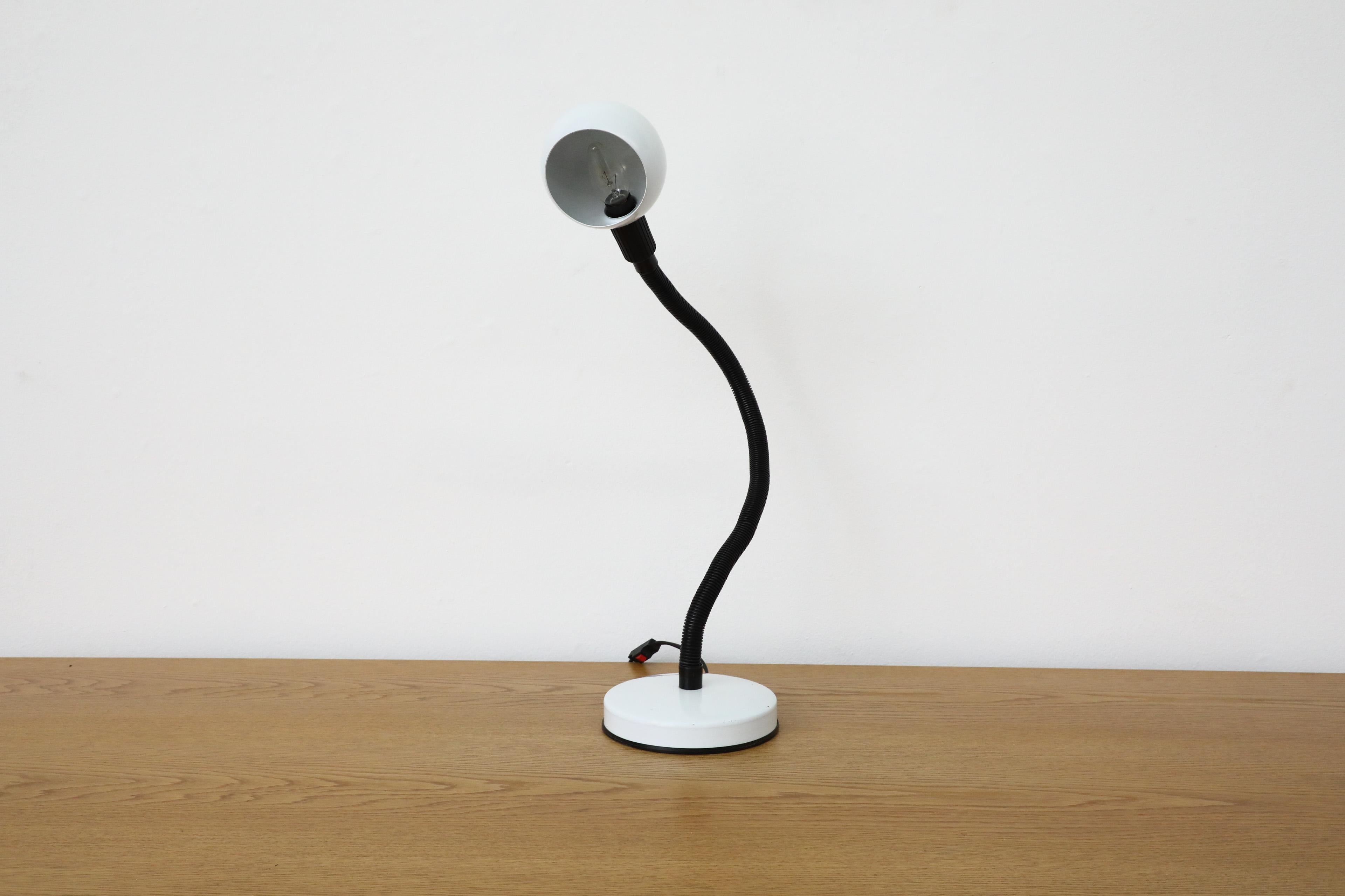 Mid-Century Modern Mid-Century White Gooseneck Globe Desk Lamp with Posable Black Stem For Sale