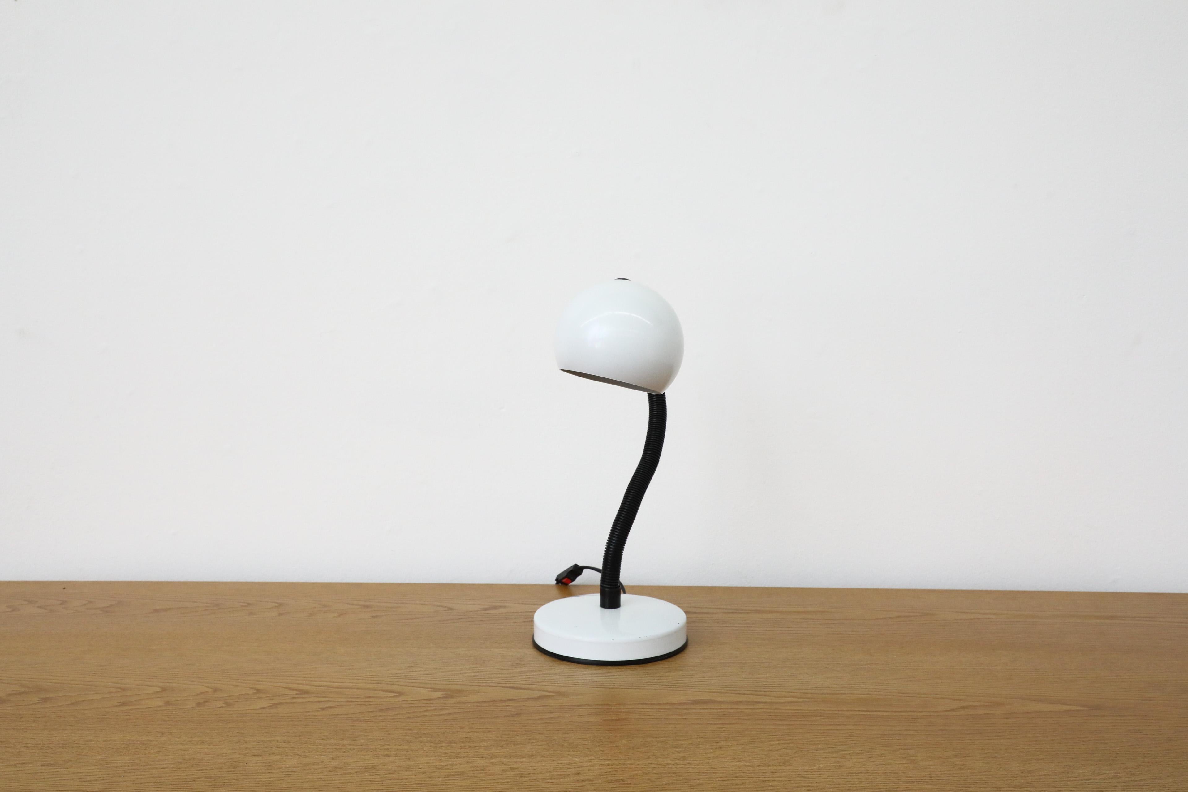 Italian Mid-Century White Gooseneck Globe Desk Lamp with Posable Black Stem For Sale