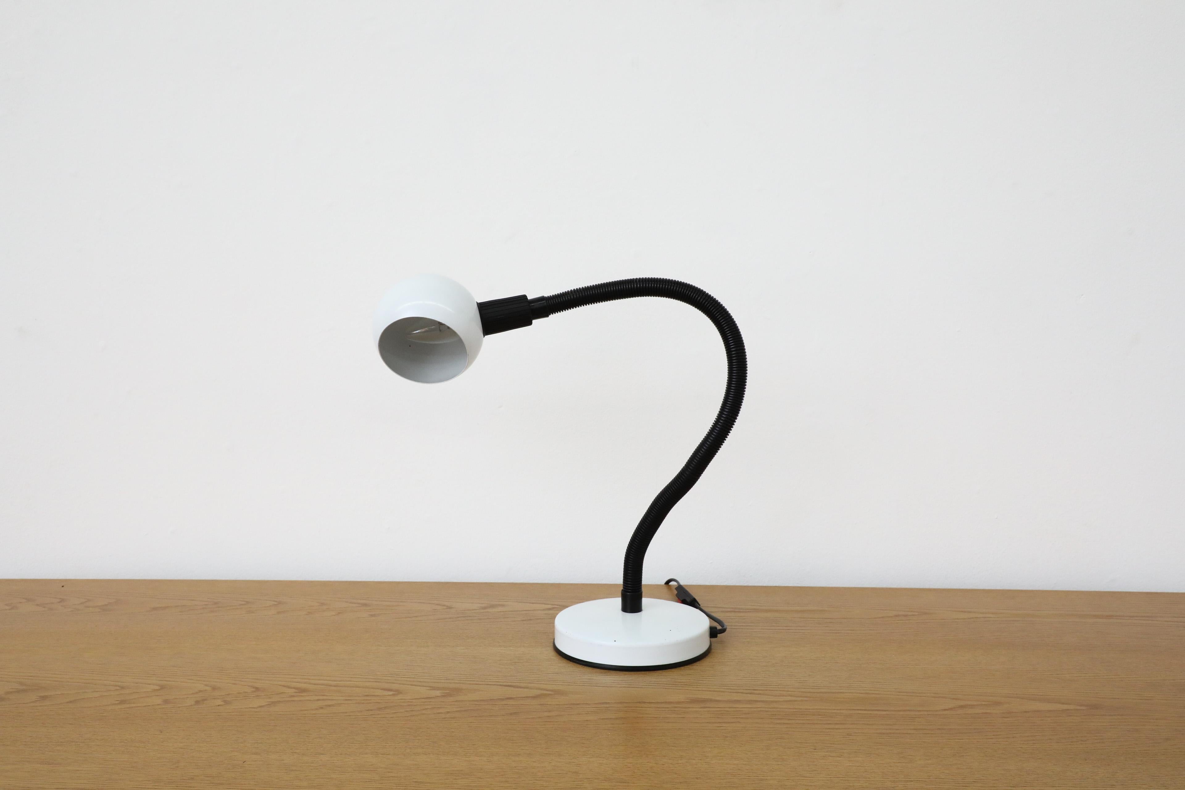 Enameled Mid-Century White Gooseneck Globe Desk Lamp with Posable Black Stem For Sale