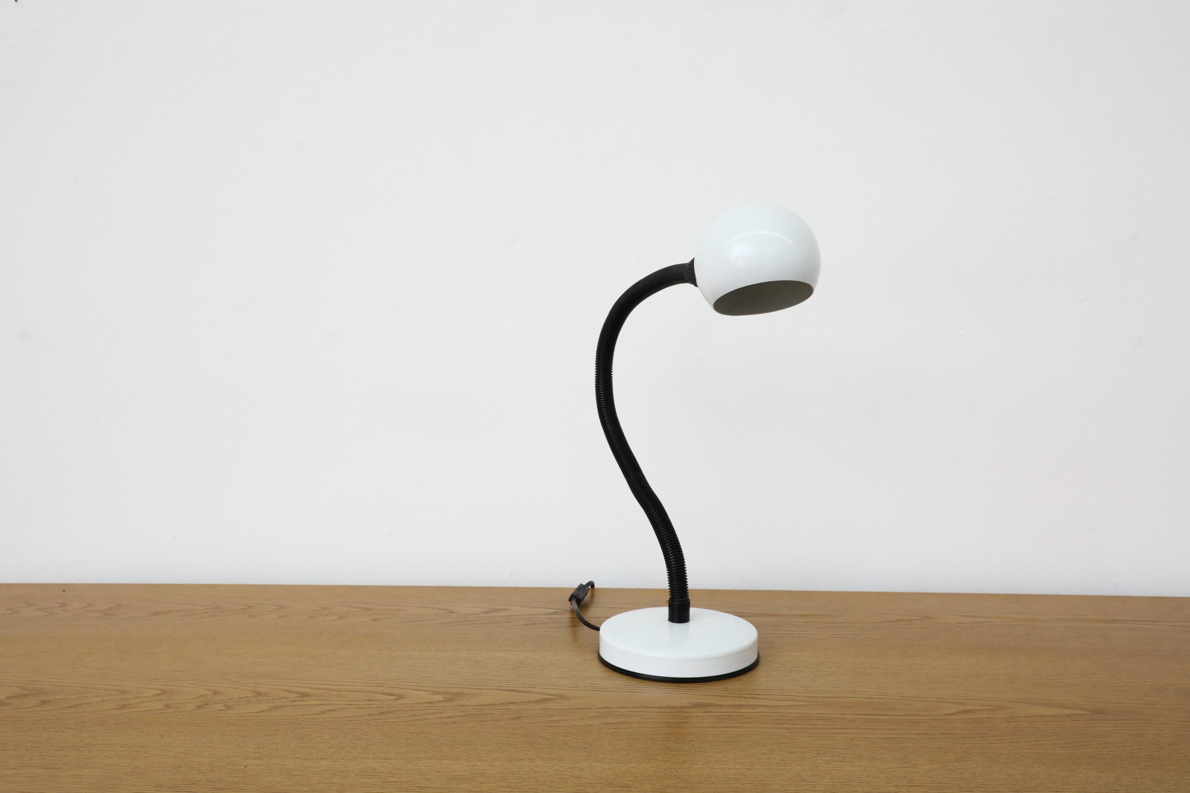 Metal Mid-Century White Gooseneck Globe Desk Lamp with Posable Black Stem For Sale