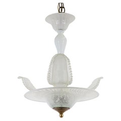 Mid-Century White Latticino Murano Frond Light