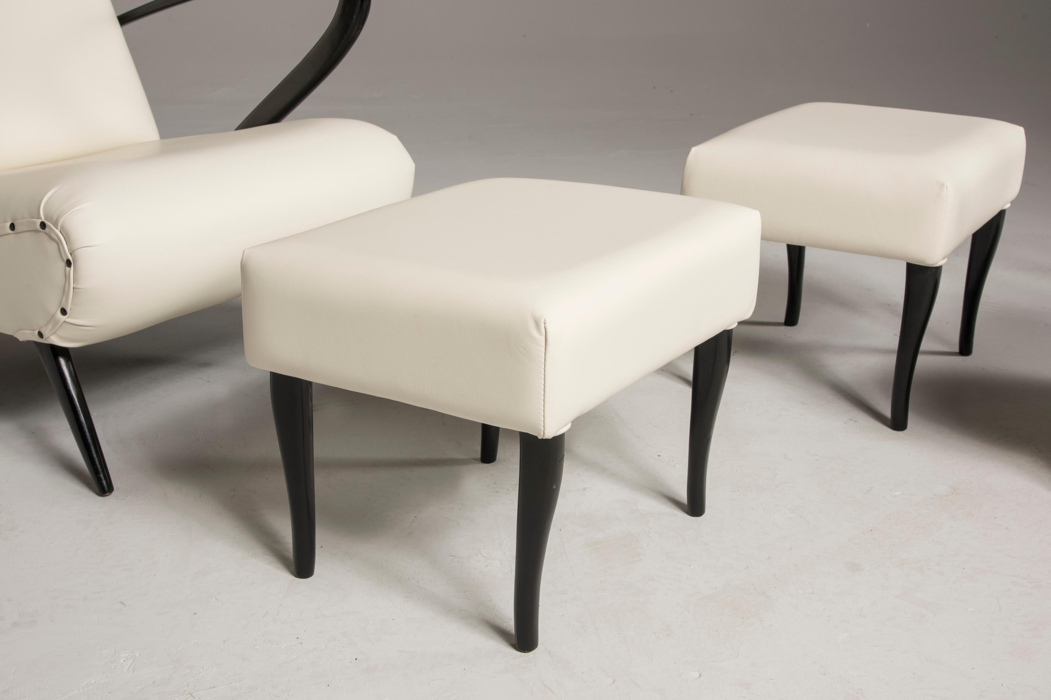 Midcentury White Leather Black Wood Armchairs with Pouffs 5