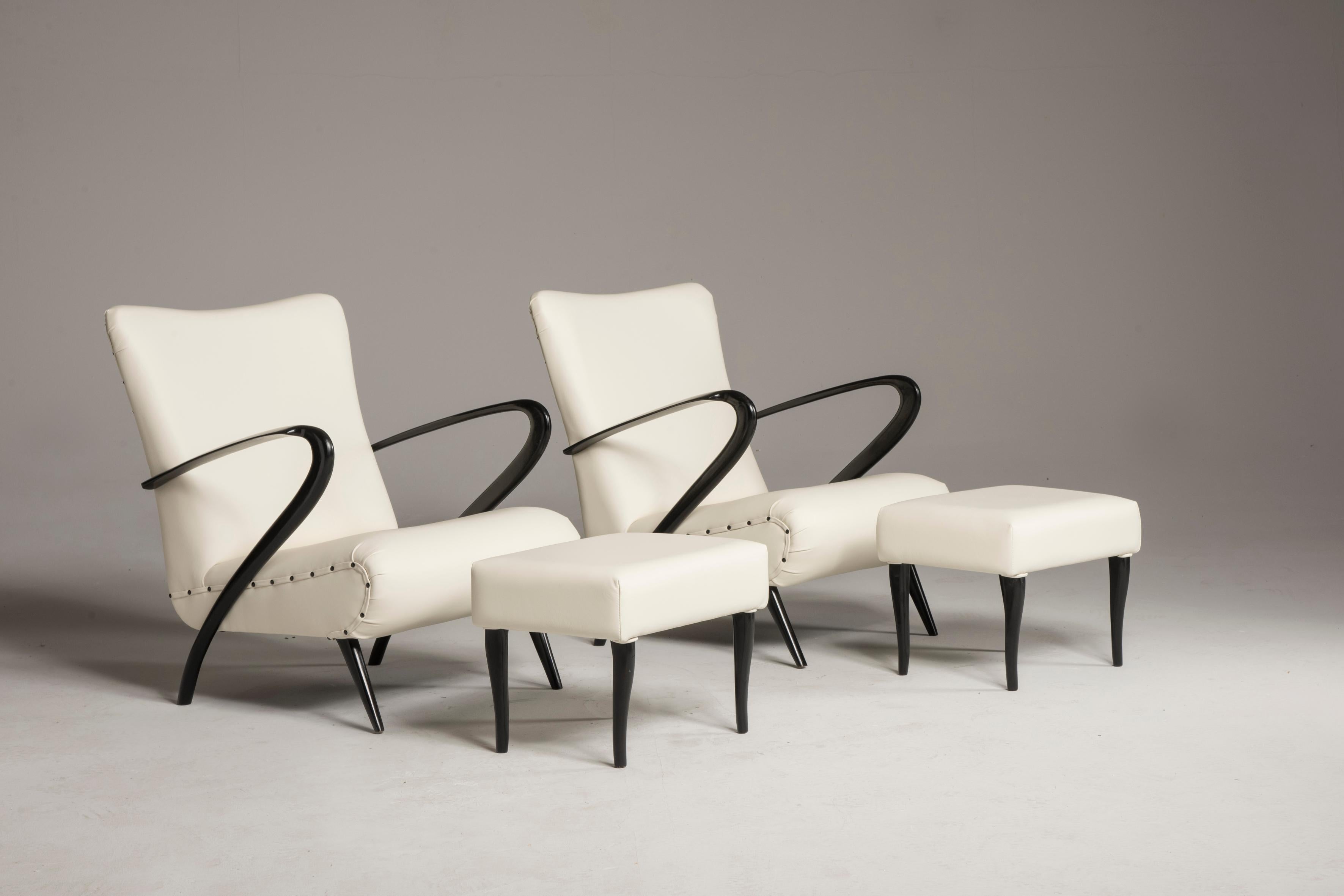 Mid-Century Modern Midcentury White Leather Black Wood Armchairs with Pouffs