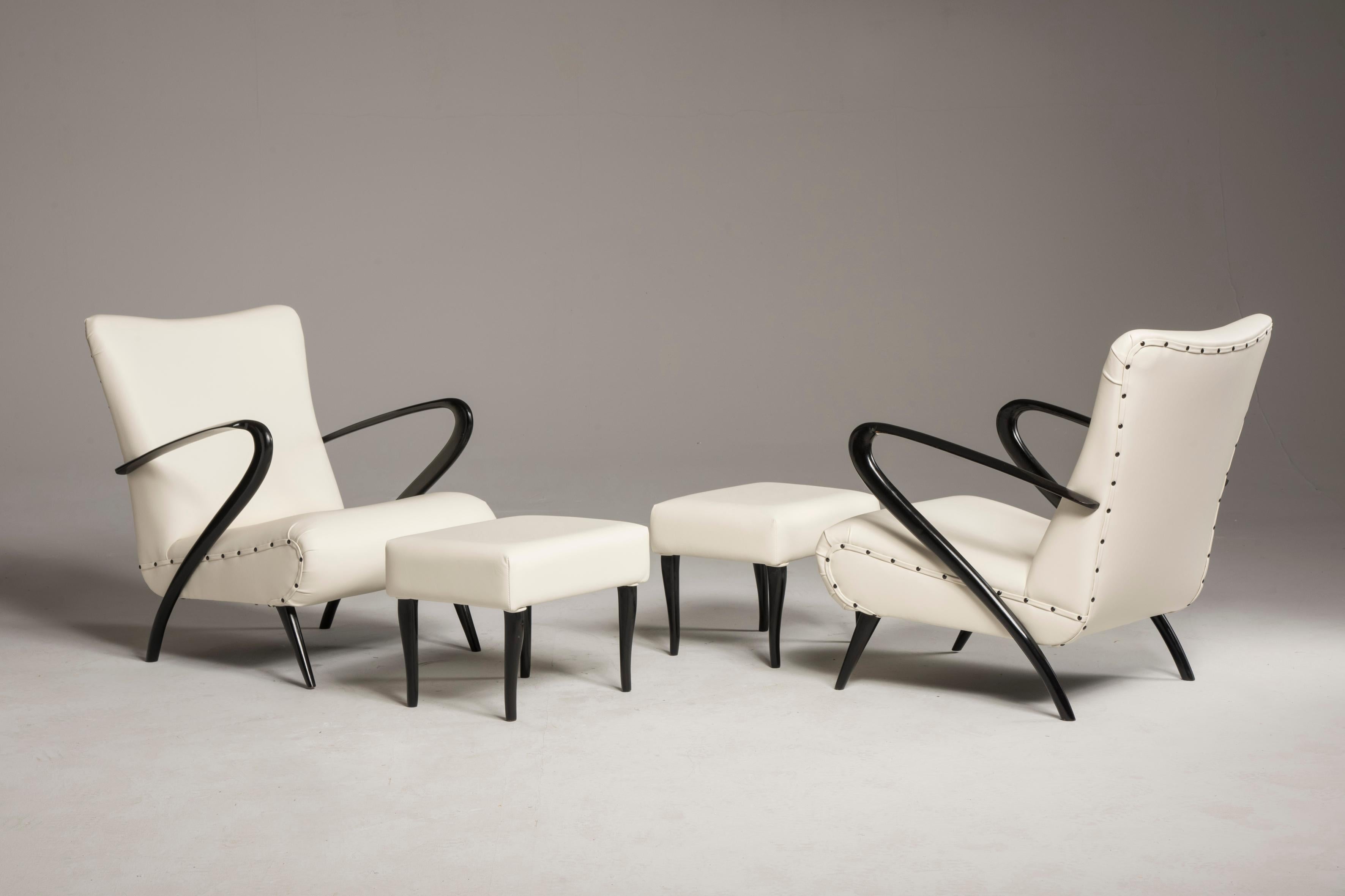 Italian Midcentury White Leather Black Wood Armchairs with Pouffs