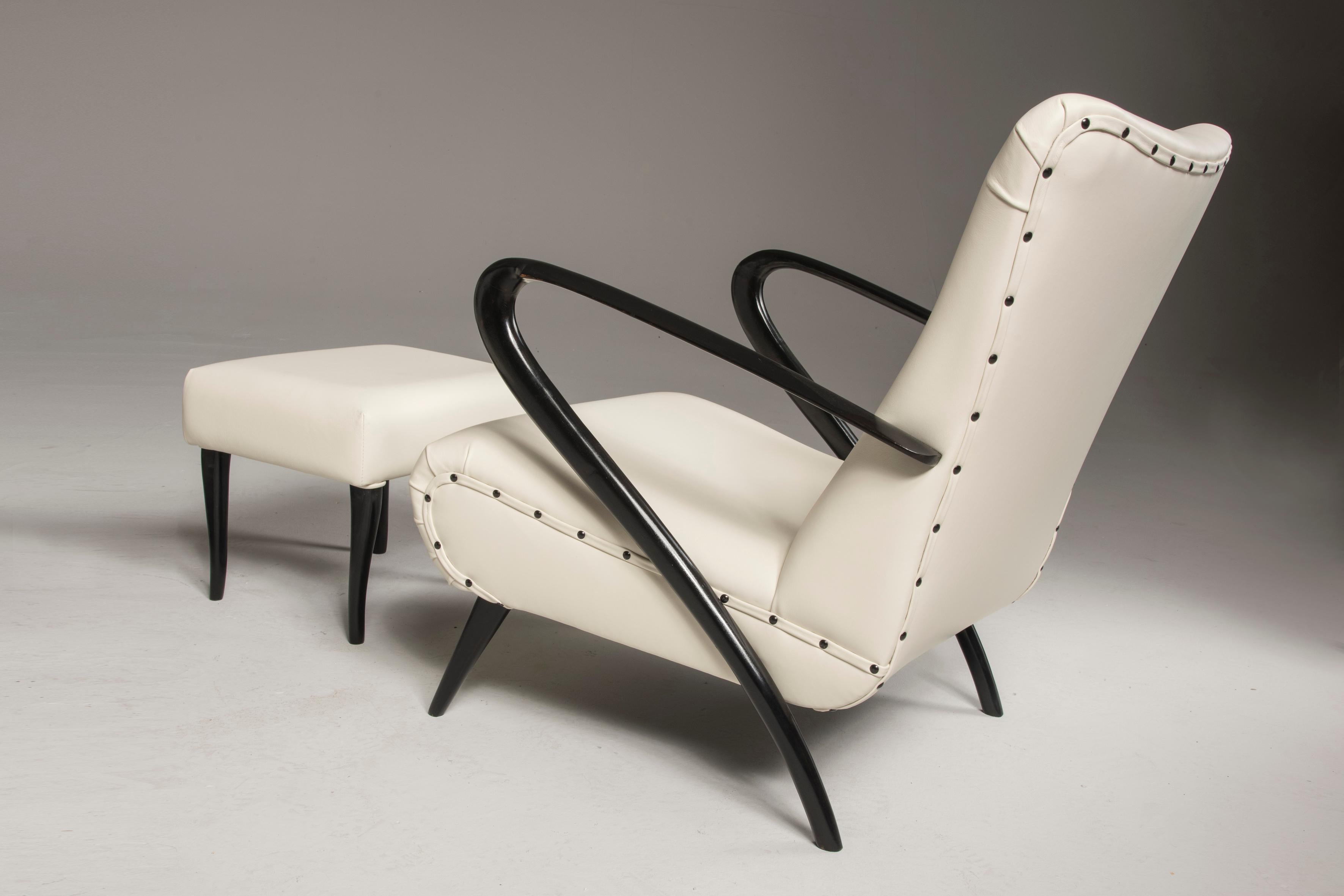 20th Century Midcentury White Leather Black Wood Armchairs with Pouffs