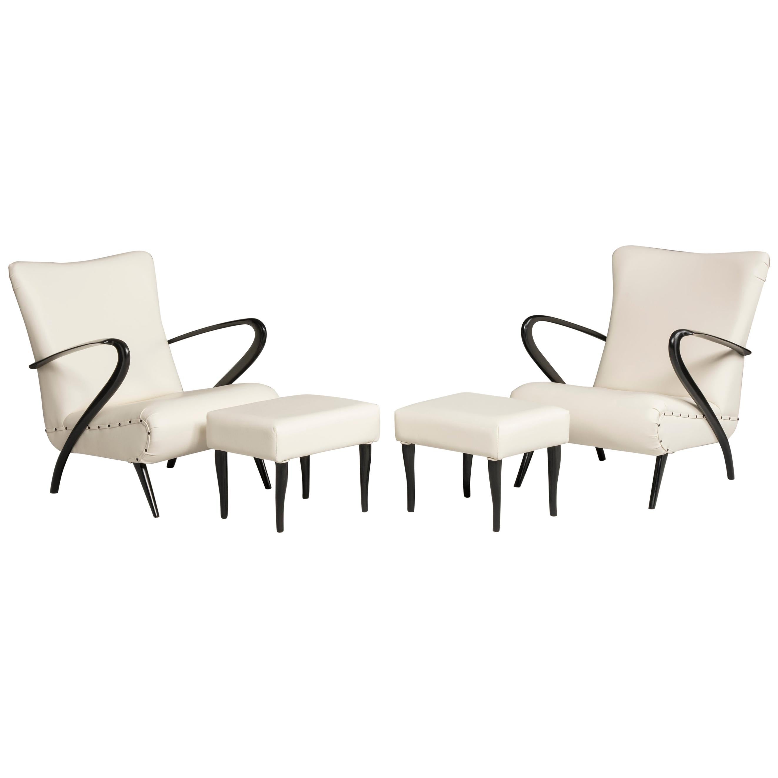 Midcentury White Leather Black Wood Armchairs with Pouffs