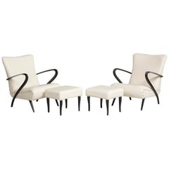 Midcentury White Leather Black Wood Armchairs with Pouffs Midcentury White Leather Black Wood Armchairs with Pouffs