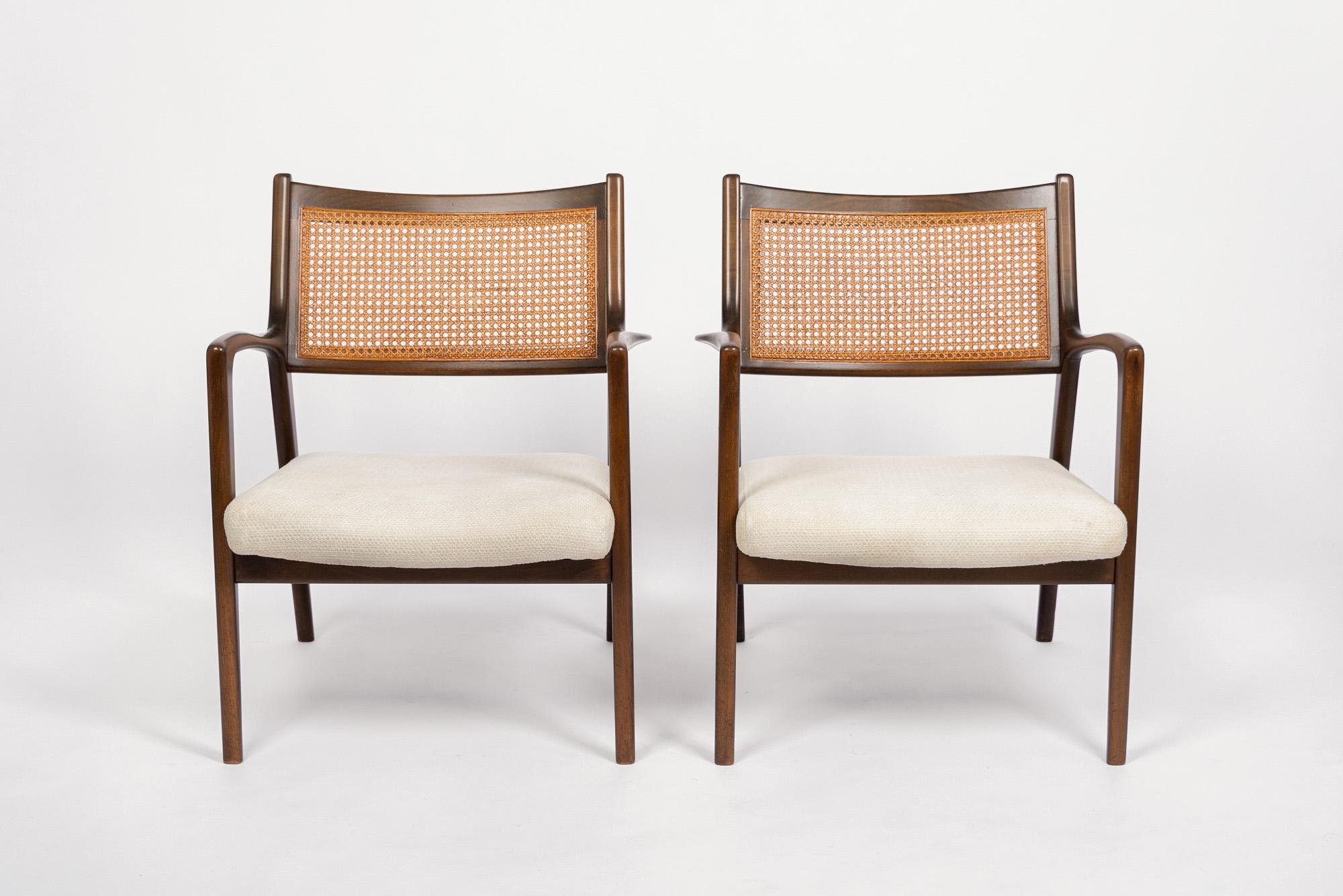 Mid-Century Modern Mid Century White Lounge Chairs with Walnut and Cane Jens Risom Style