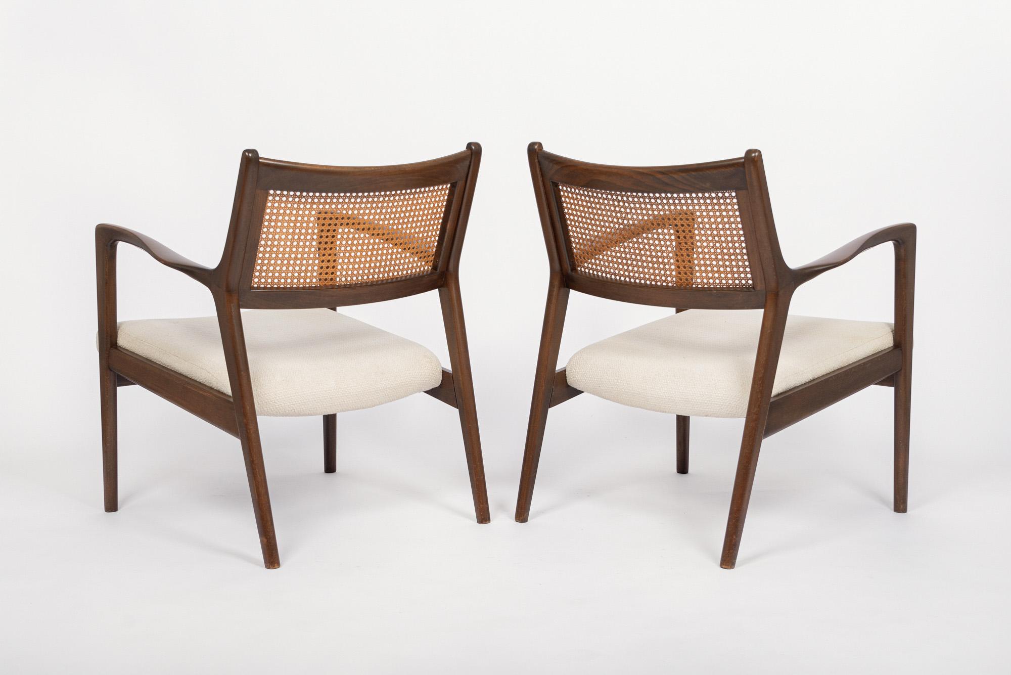 20th Century Mid Century White Lounge Chairs with Walnut and Cane Jens Risom Style