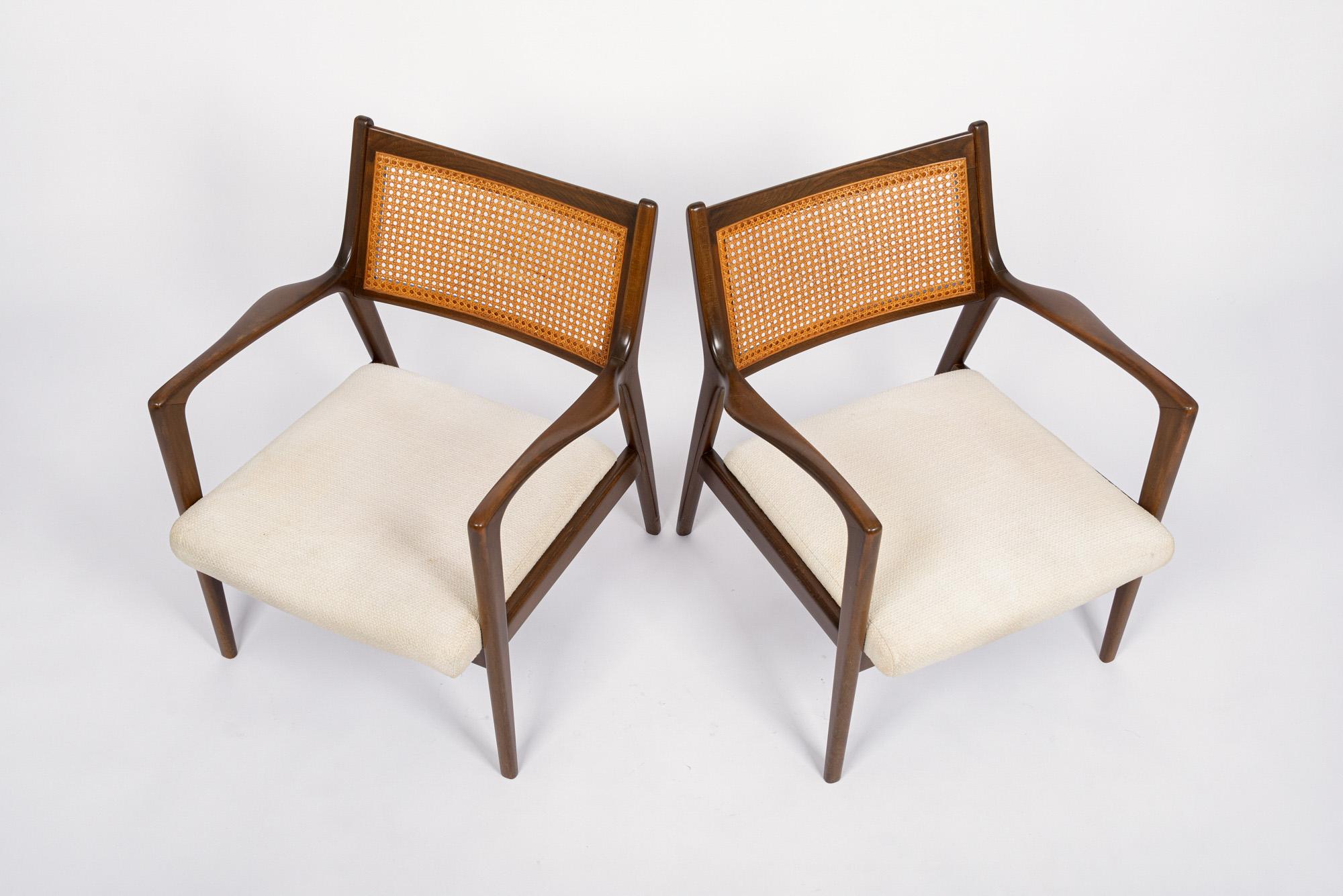 Fabric Mid Century White Lounge Chairs with Walnut and Cane Jens Risom Style