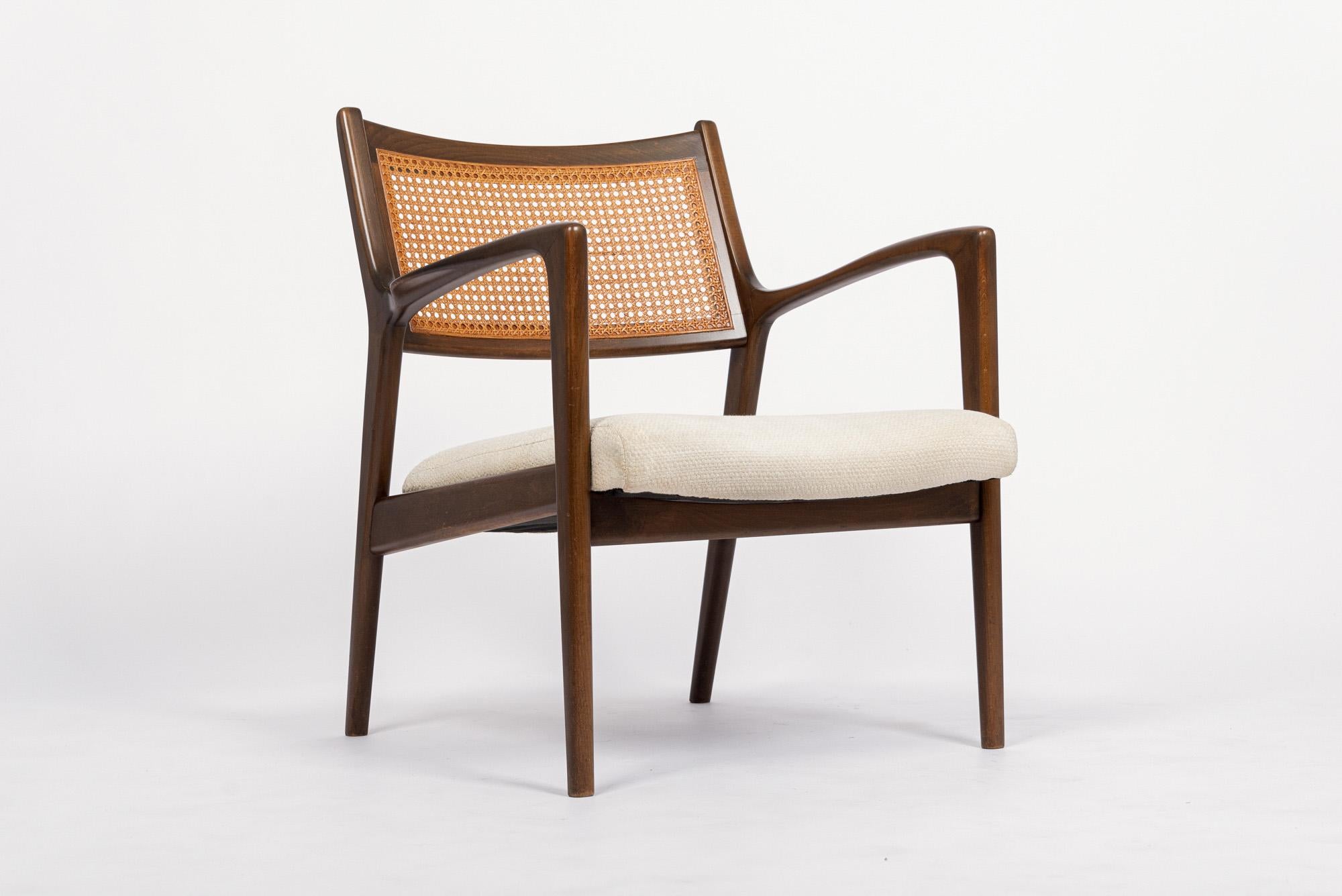Mid Century White Lounge Chairs with Walnut and Cane Jens Risom Style 1