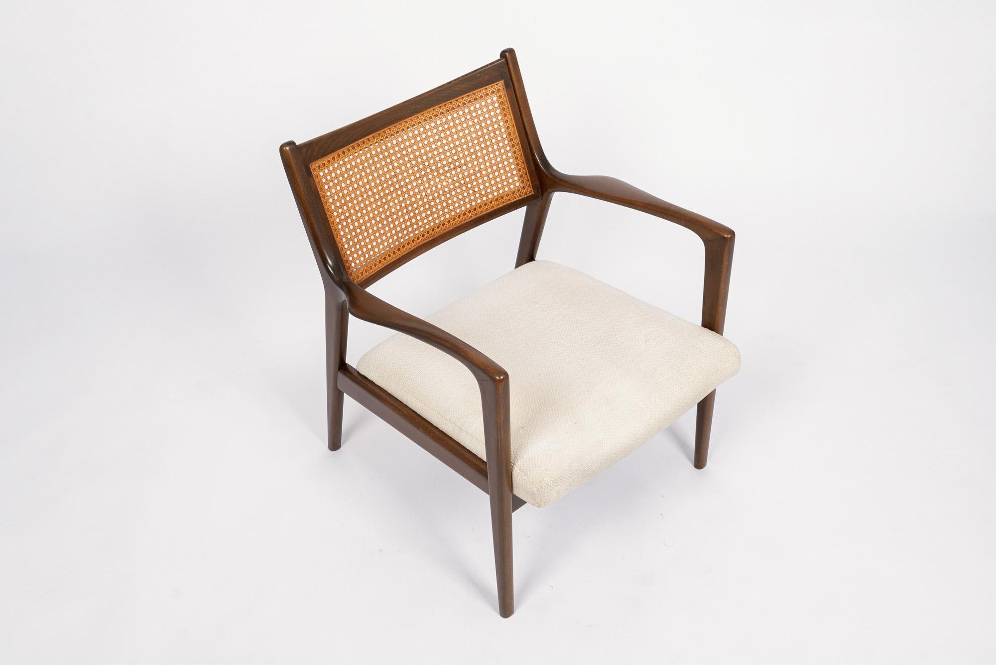 Mid Century White Lounge Chairs with Walnut and Cane Jens Risom Style 2