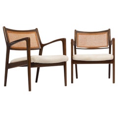 Vintage Mid Century White Lounge Chairs with Walnut and Cane Jens Risom Style