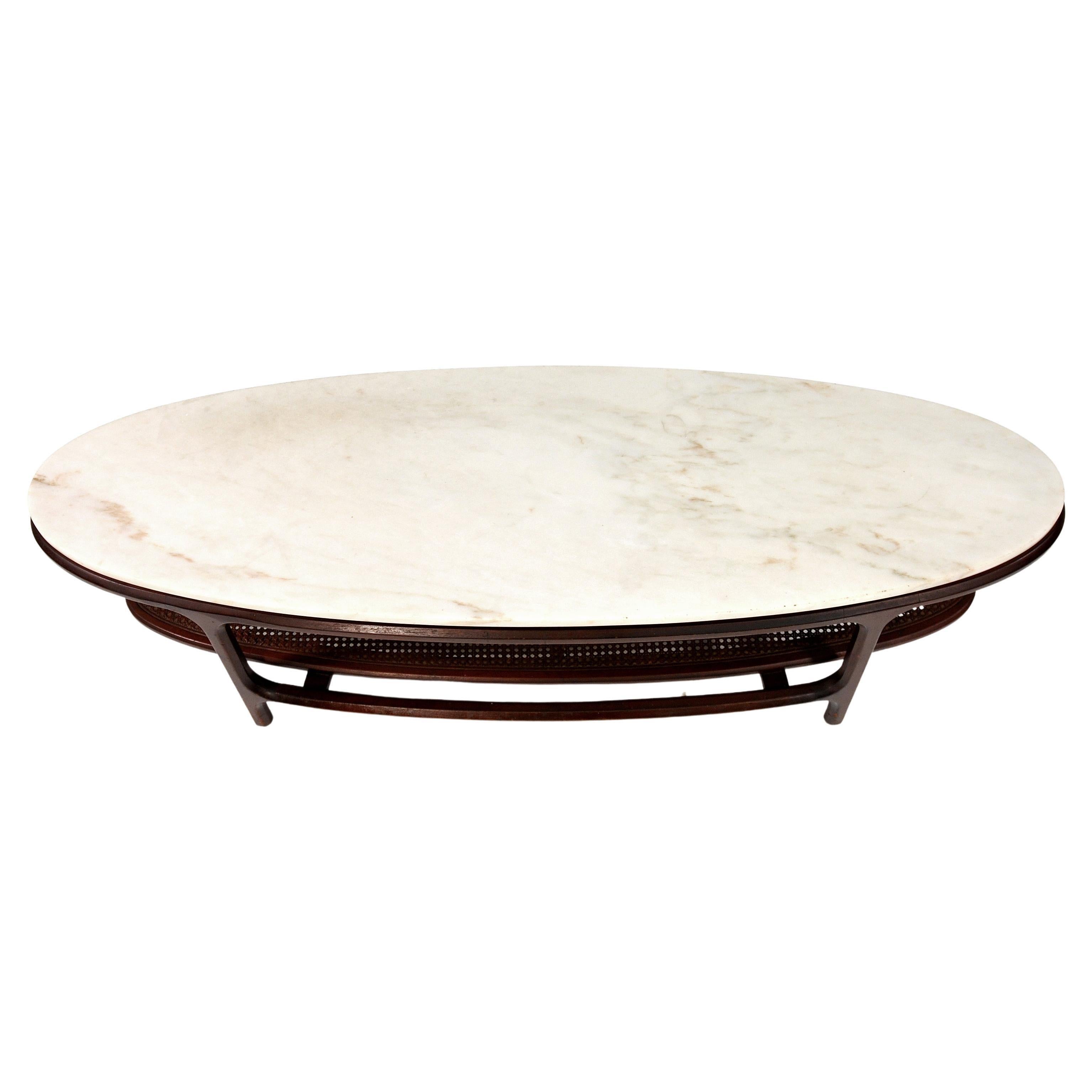 Mid-Century Modern Mid-Century White Marble, Walnut and Cane Surfboard Coffee Table