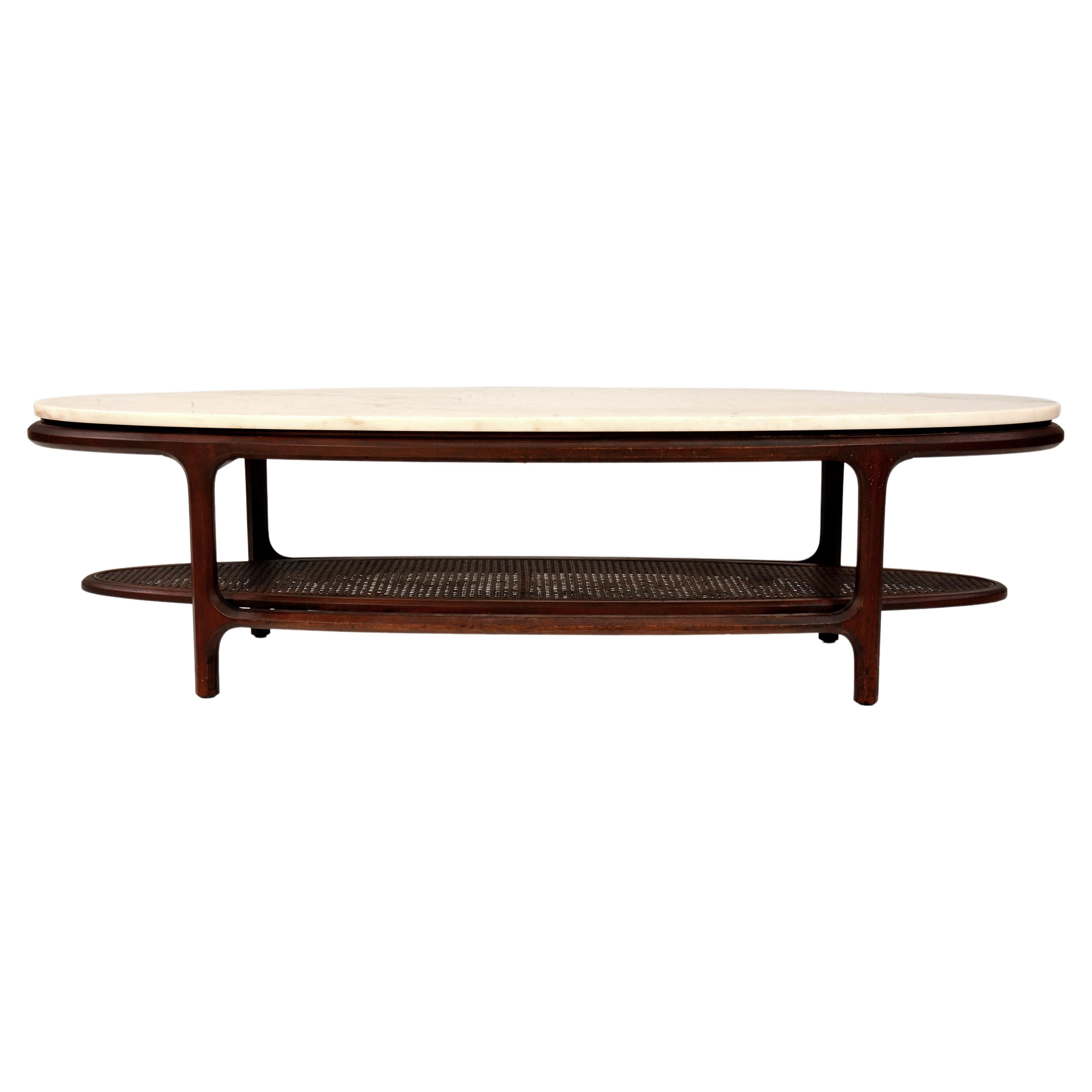 American Mid-Century White Marble, Walnut and Cane Surfboard Coffee Table