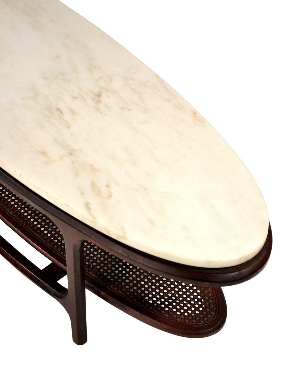 Mid-Century White Marble, Walnut and Cane Surfboard Coffee Table In Good Condition In Miami, FL