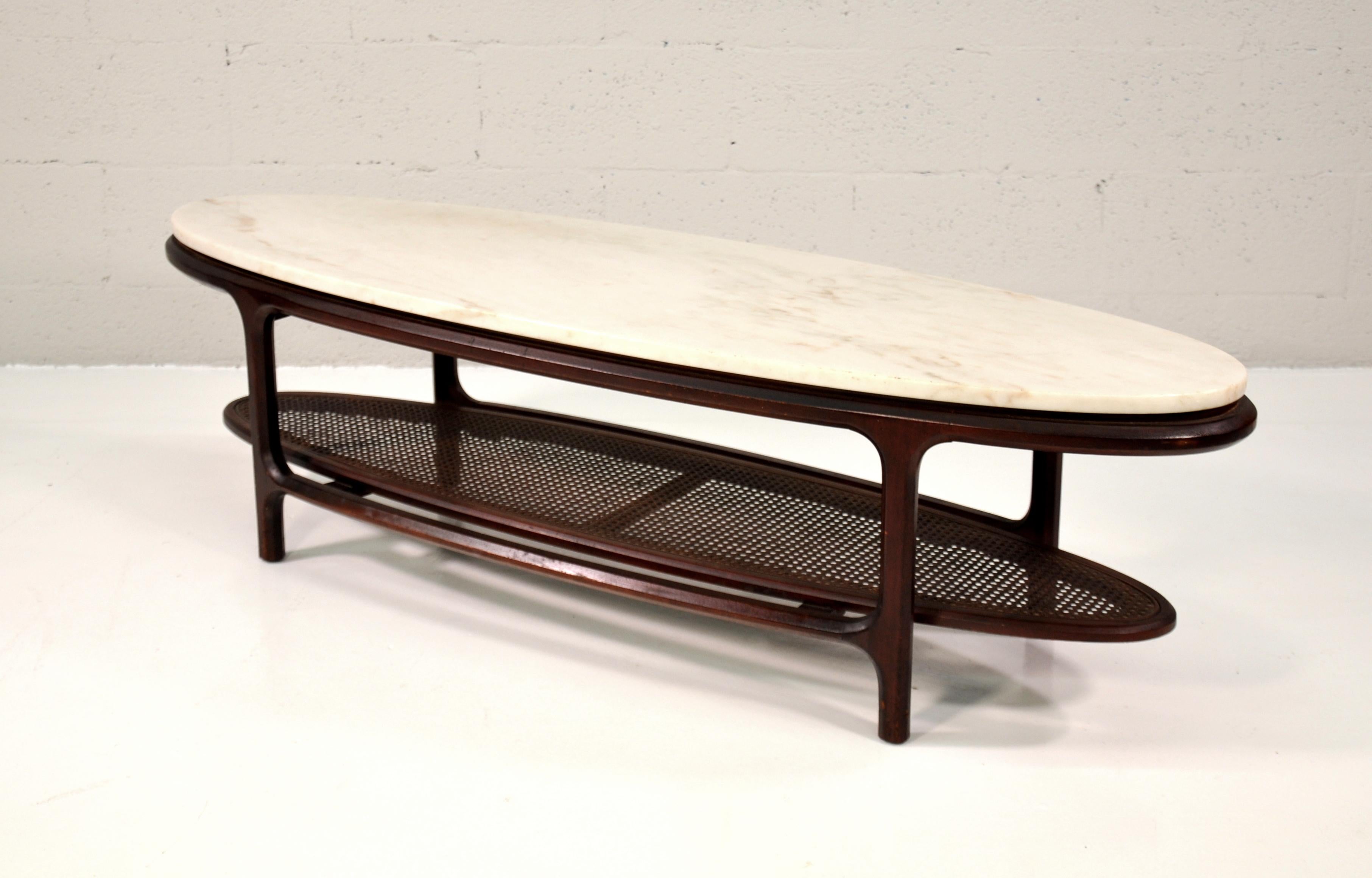 Mid-20th Century Mid-Century White Marble, Walnut and Cane Surfboard Coffee Table