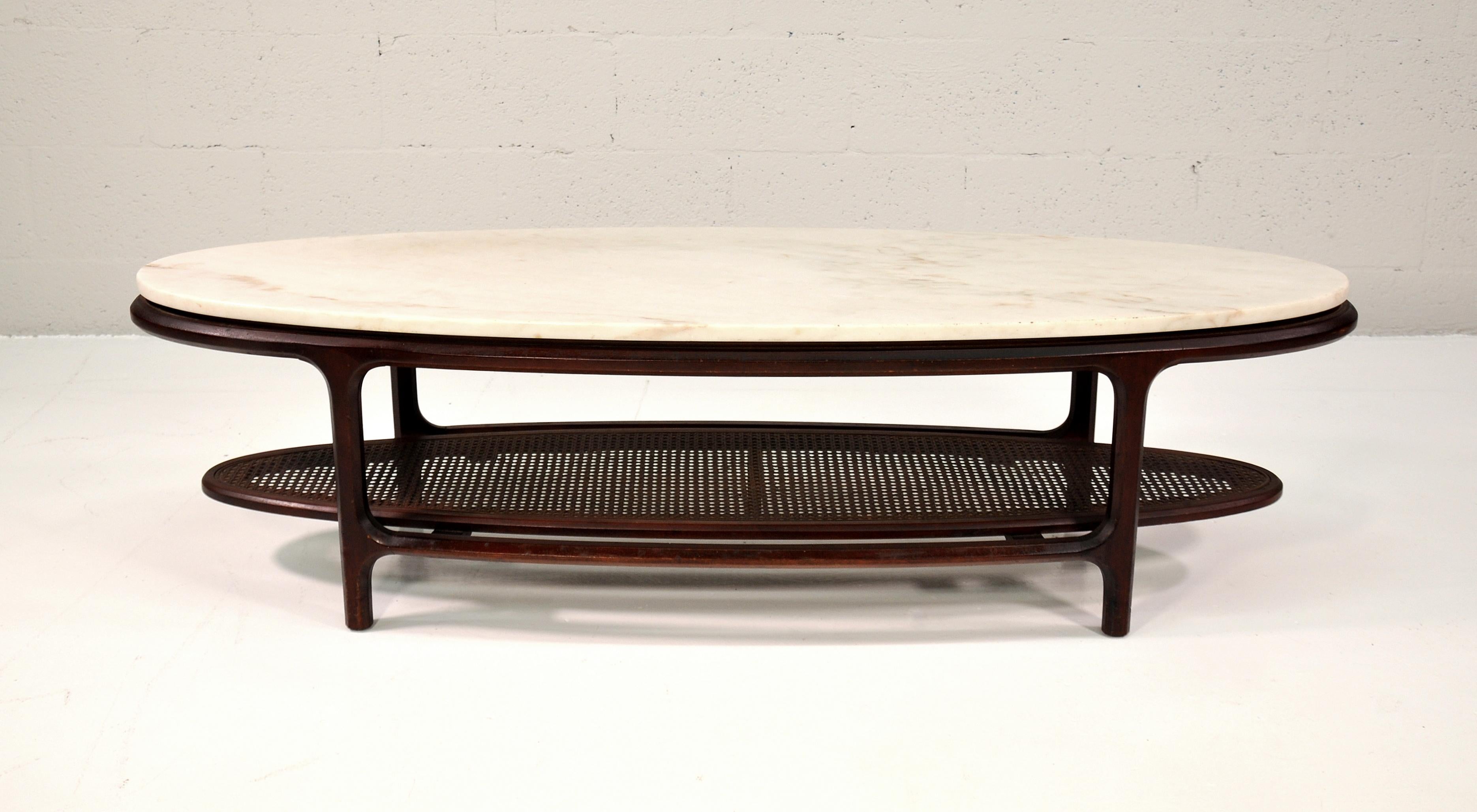 Mid-Century White Marble, Walnut and Cane Surfboard Coffee Table 1