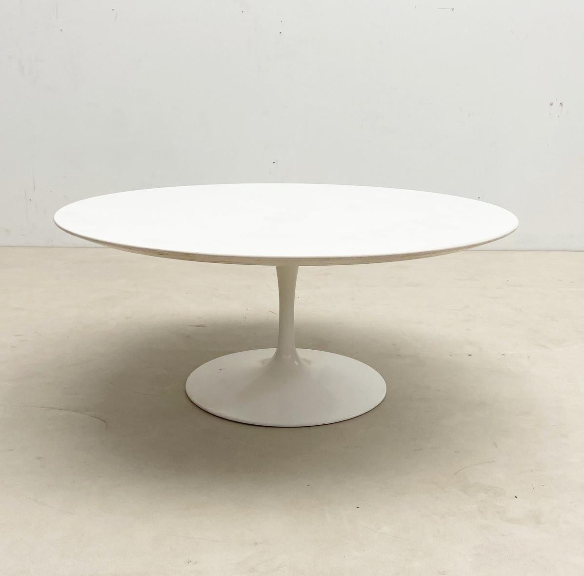 Mid-century white metal tulip feet and wooden top coffee table by Knoll.