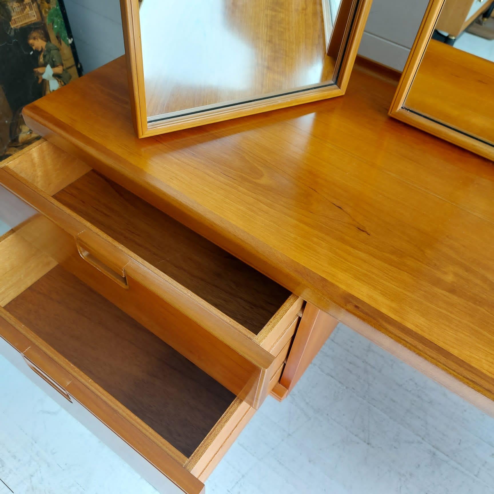 Midcentury White & Newton teak & Beech Dressing Table Triptych Mirror and Stool 8