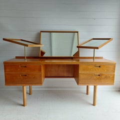 Midcentury White & Newton teak & Beech Dressing Table Triptych Mirror and Stool
