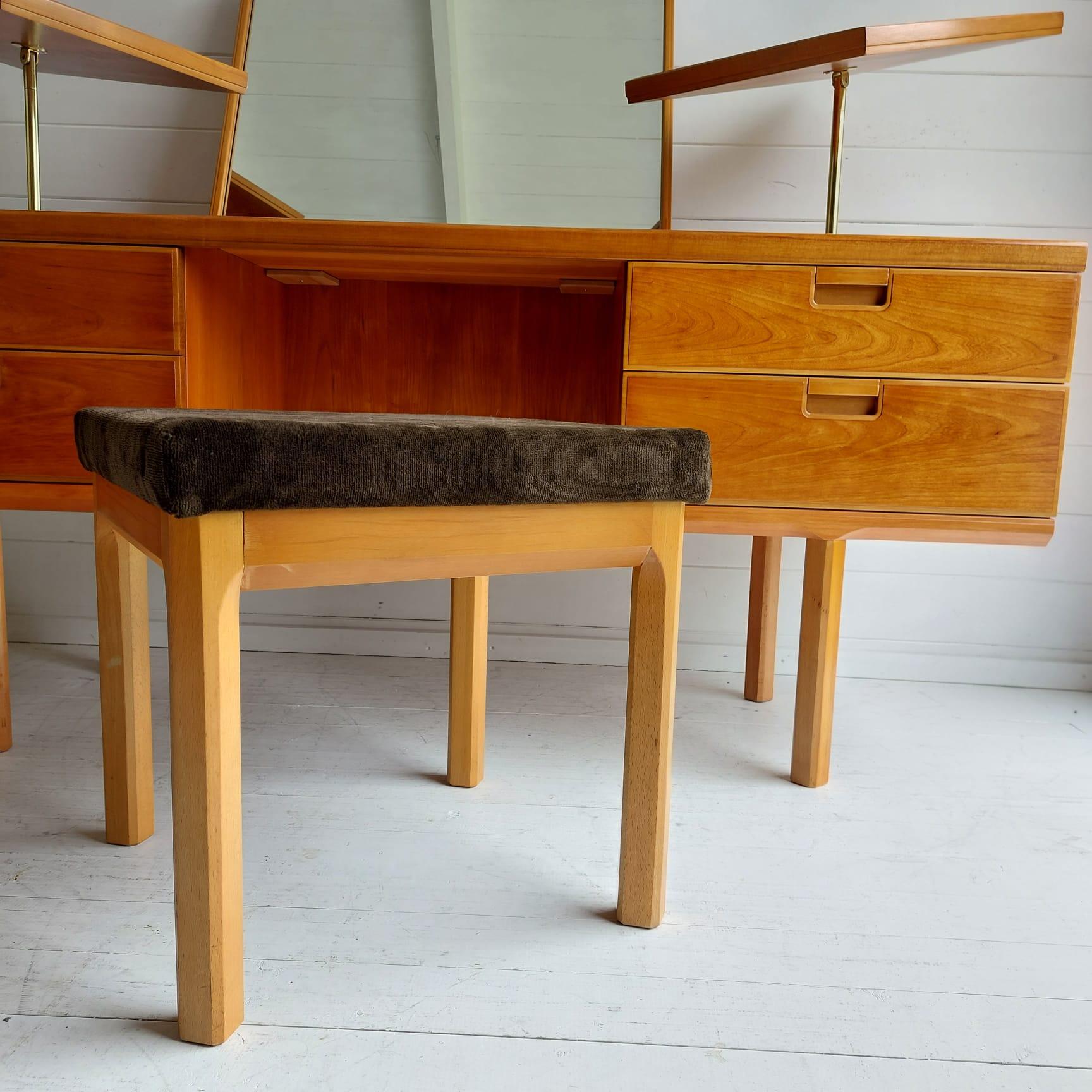 Mid-Century Modern Midcentury White & Newton teak & Beech Dressing Table Triptych Mirror and Stool