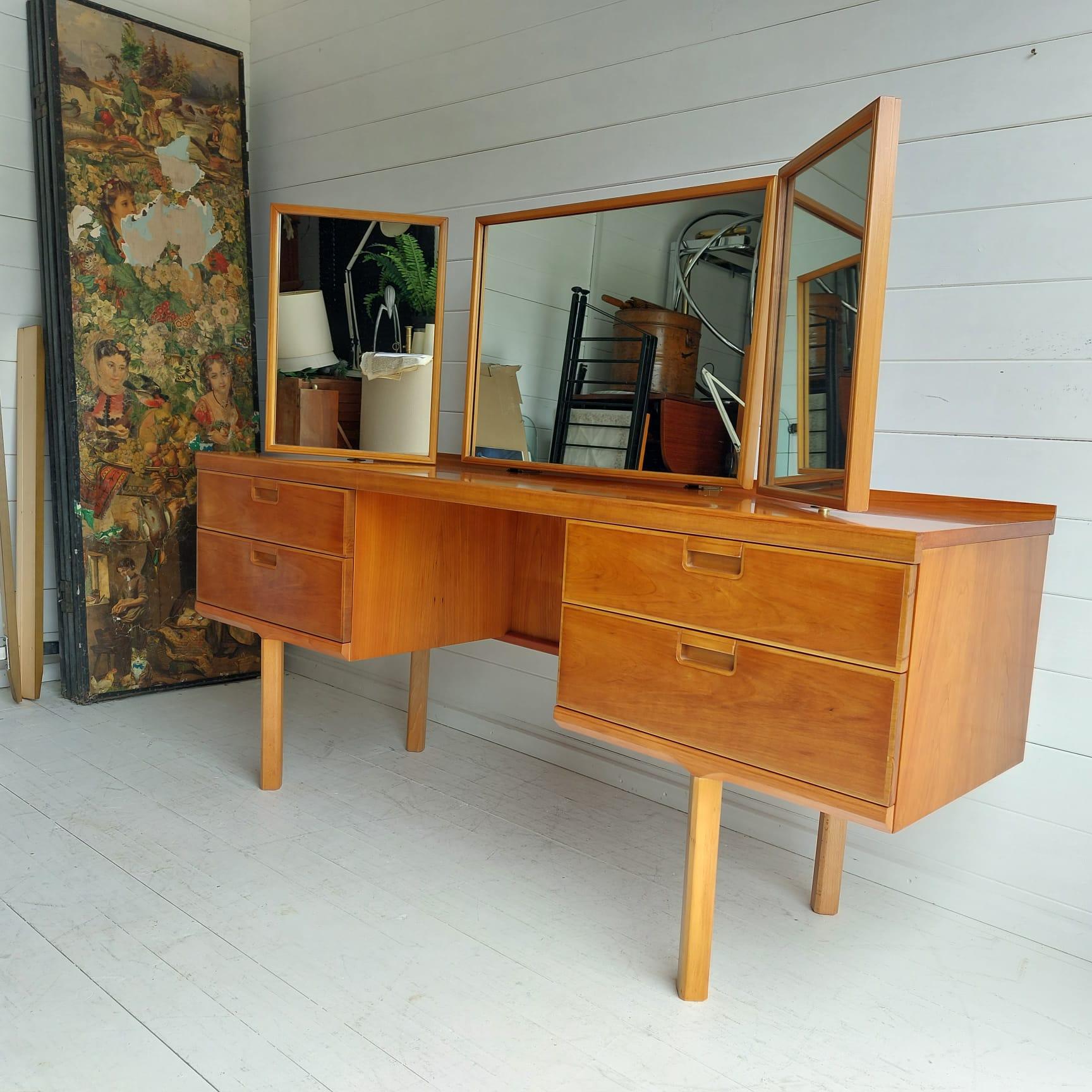 20th Century Midcentury White & Newton teak & Beech Dressing Table Triptych Mirror and Stool