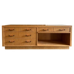 Mid century White oak low 6 drawer credenza with leather handles