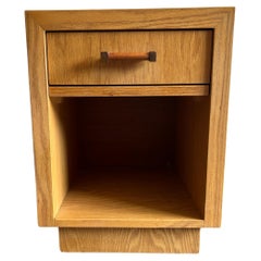 Mid century White oak low single drawer nightstand with leather handle Mid century White oak low single drawer nightstand with leather handle