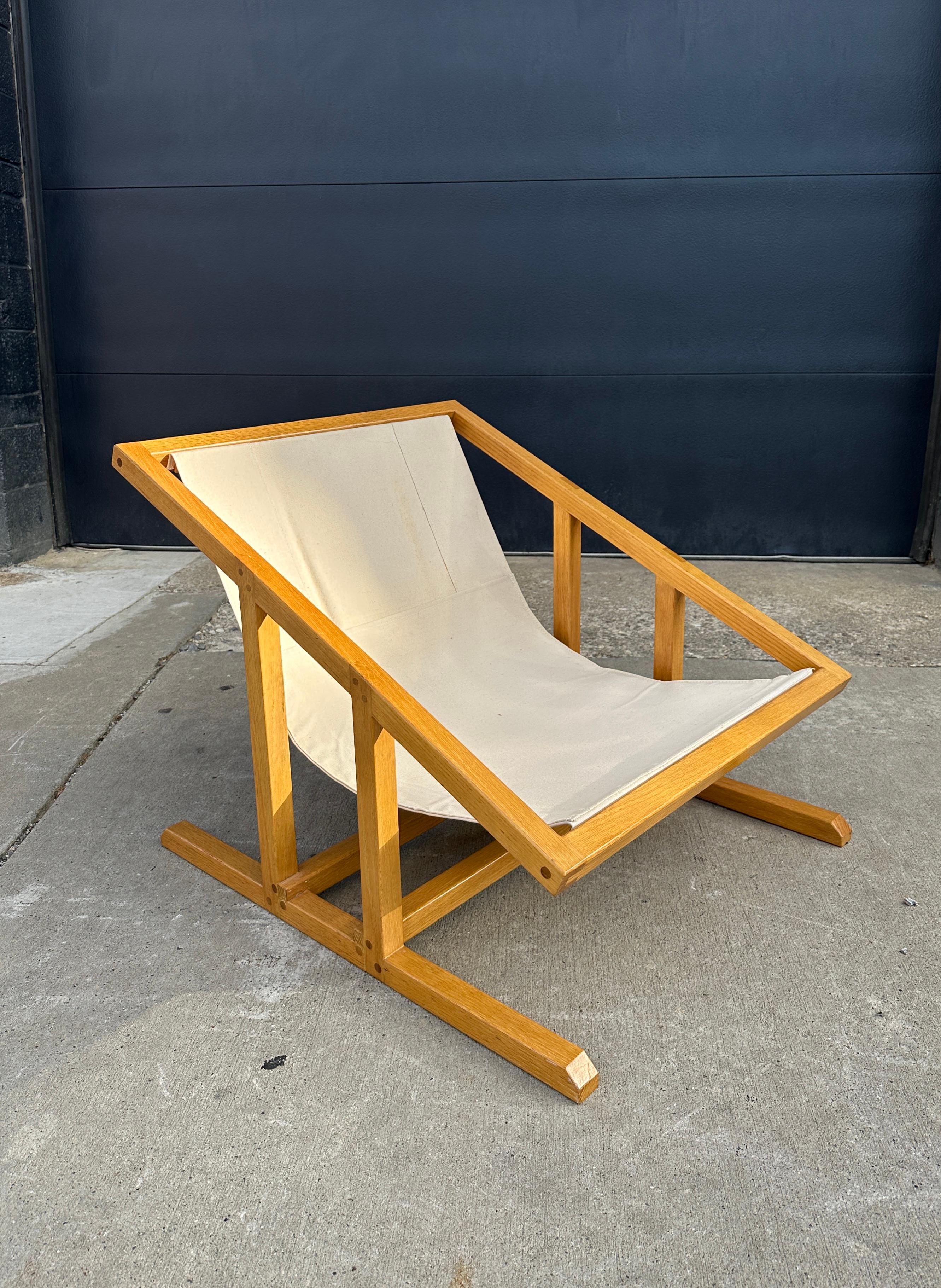 Midcentury White Oak Sling Chair with Velvet Cushions For Sale 4