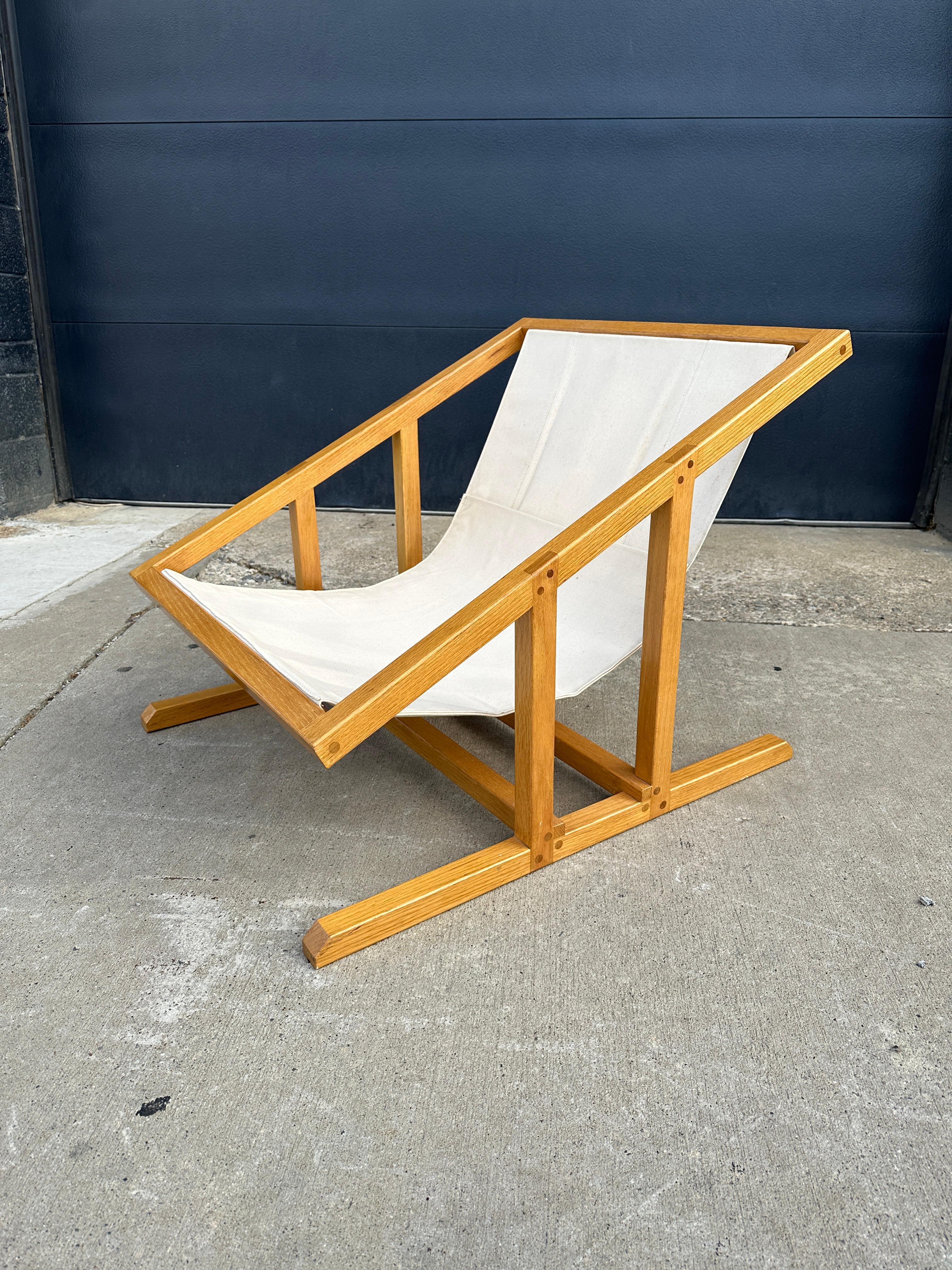 Midcentury White Oak Sling Chair with Velvet Cushions For Sale 5