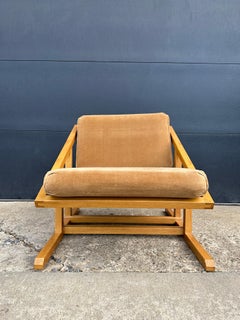 Midcentury White Oak Sling Chair with Velvet Cushions