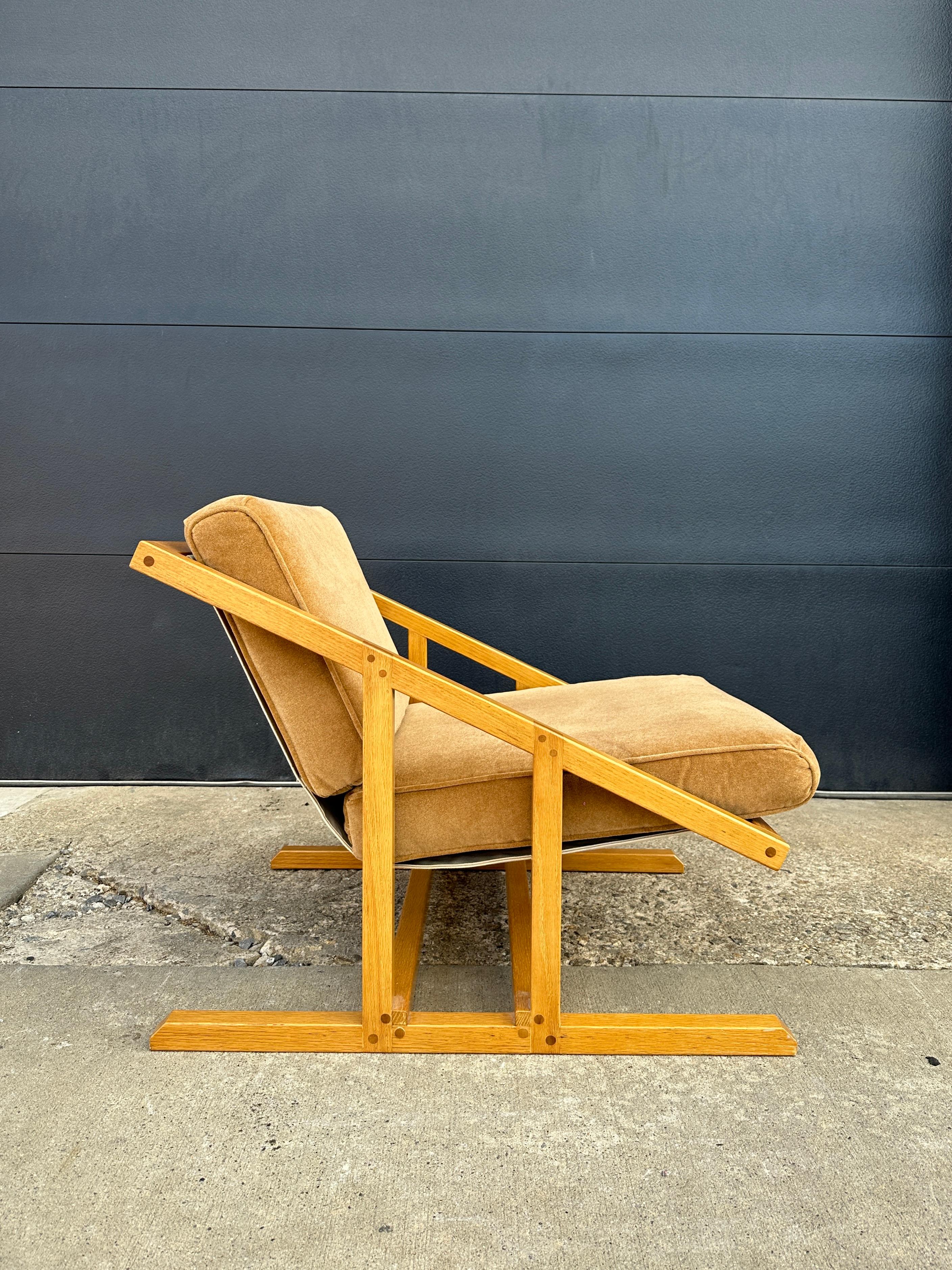 Midcentury White Oak Sling Chair with Velvet Cushions For Sale 1