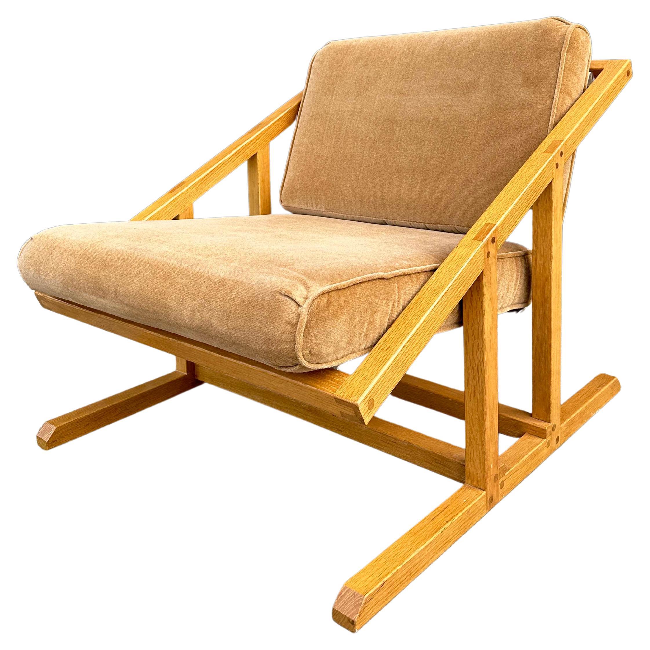 Midcentury White Oak Sling Chair with Velvet Cushions For Sale